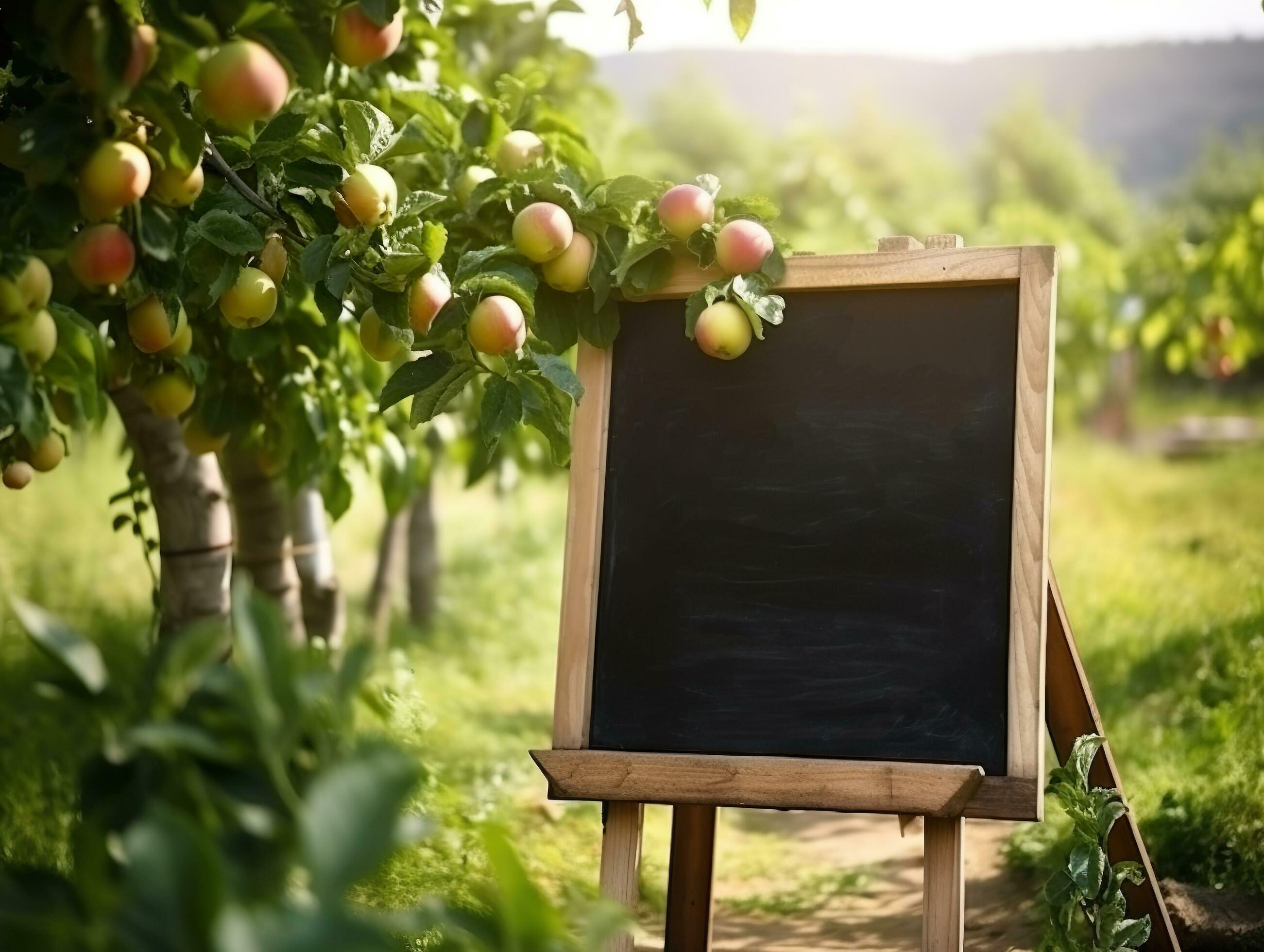 Blank blackboard mockup in organic fresh apples gardening, agriculture and business farmer concept, AI Generated Stock Free