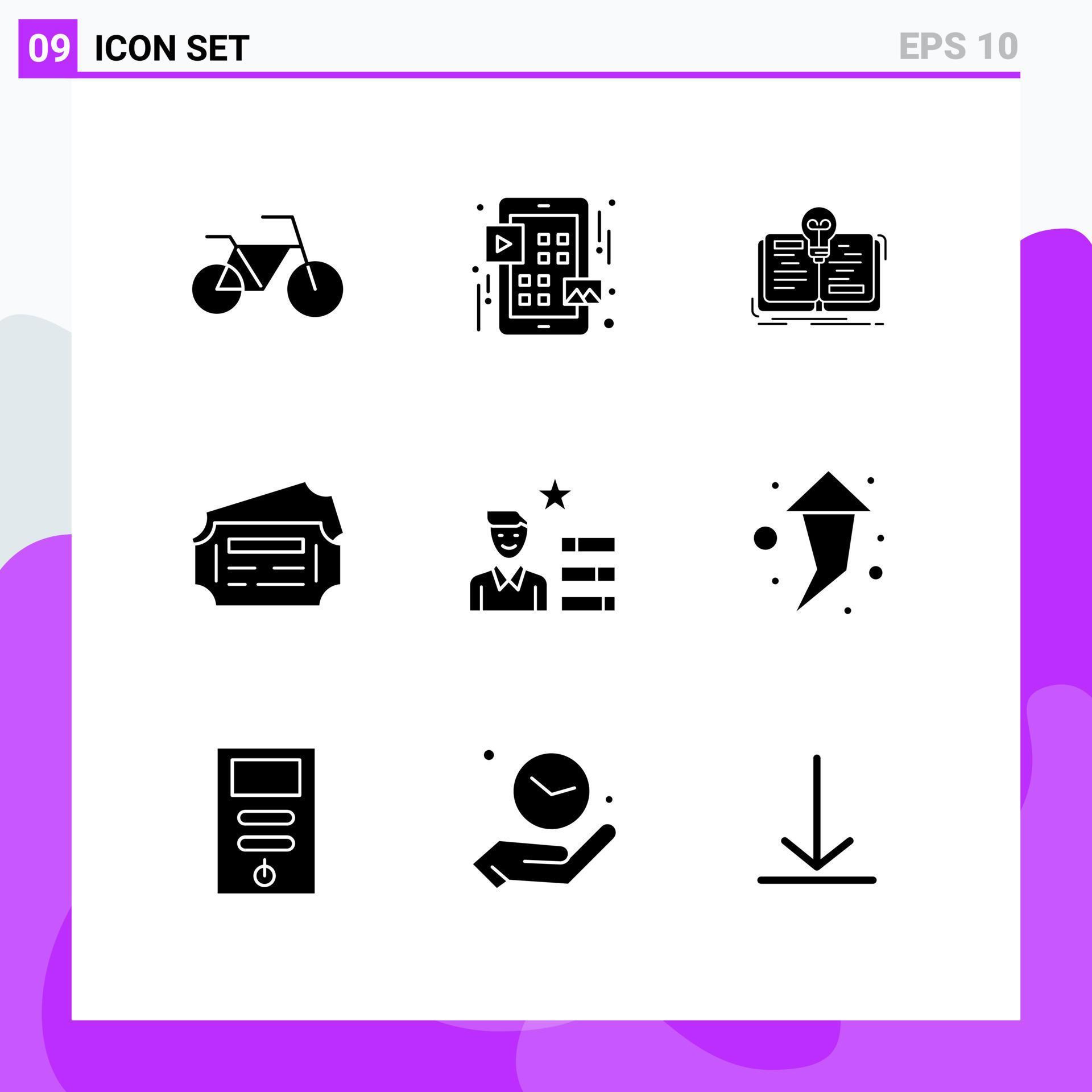 Mobile Interface Solid Glyph Set of 9 Pictograms of arrow magnifier novel human resource station Editable Vector Design Elements Stock Free