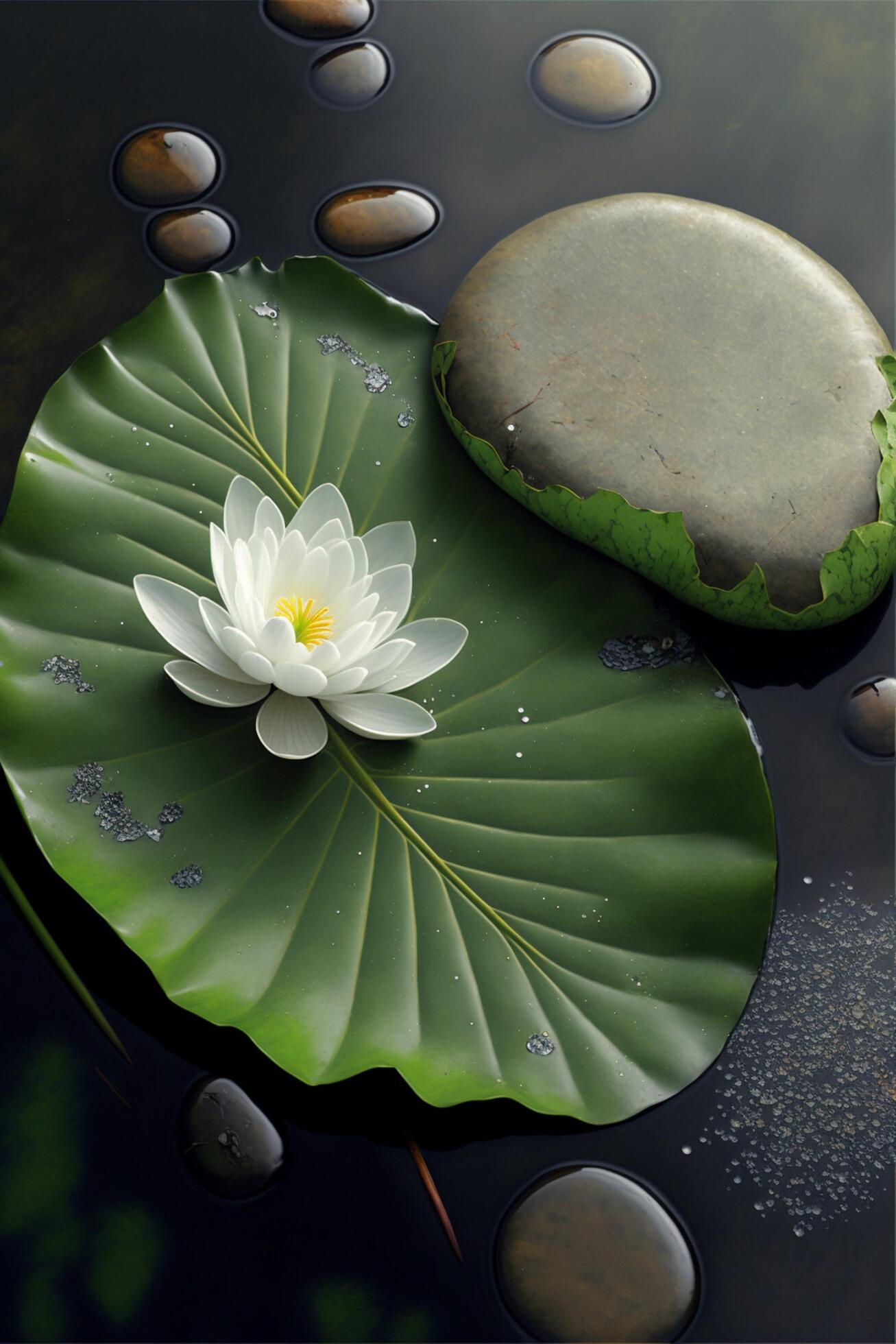 white flower sitting on top of a green leaf. . Stock Free