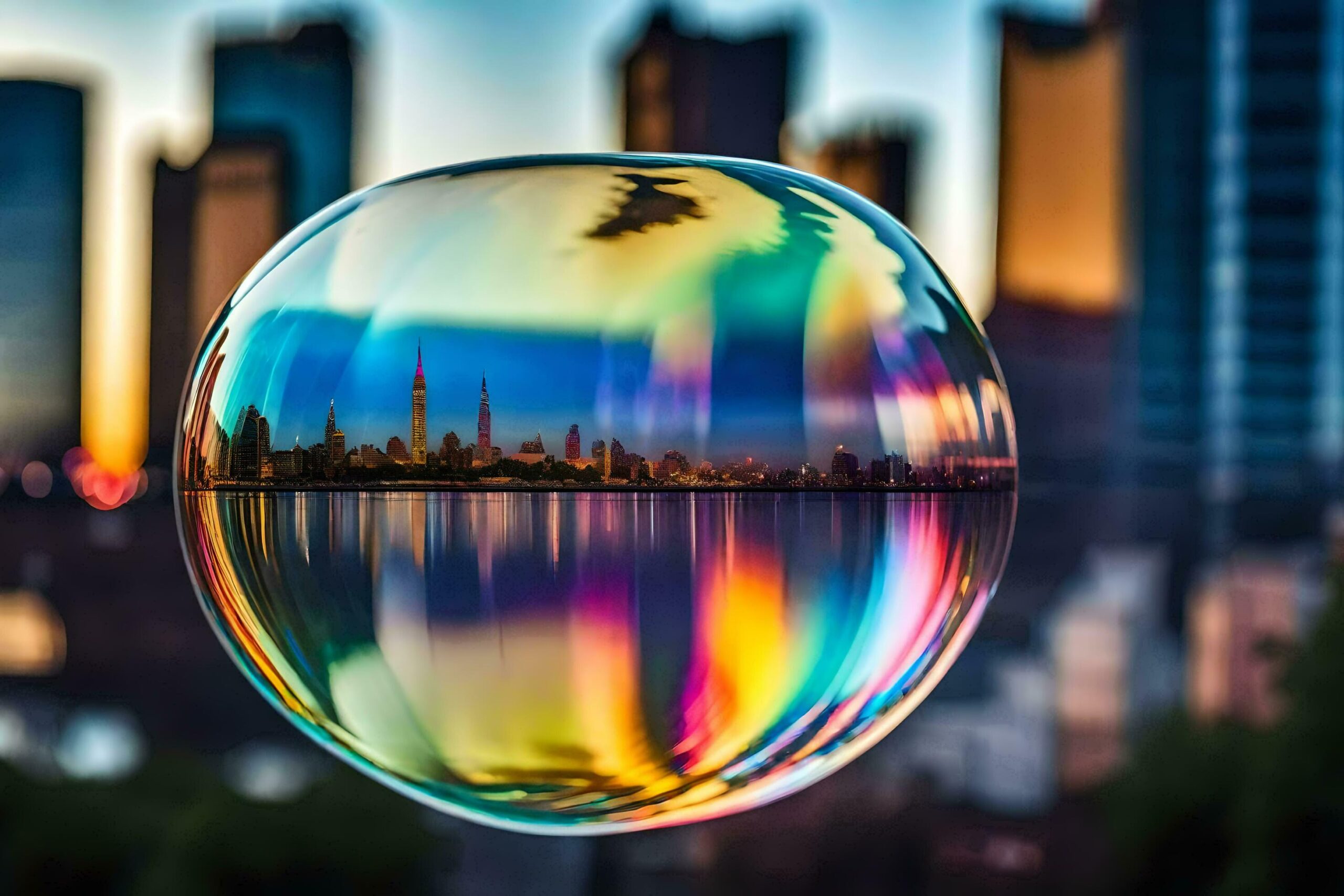 a bubble with a city skyline reflected in it Free Photo