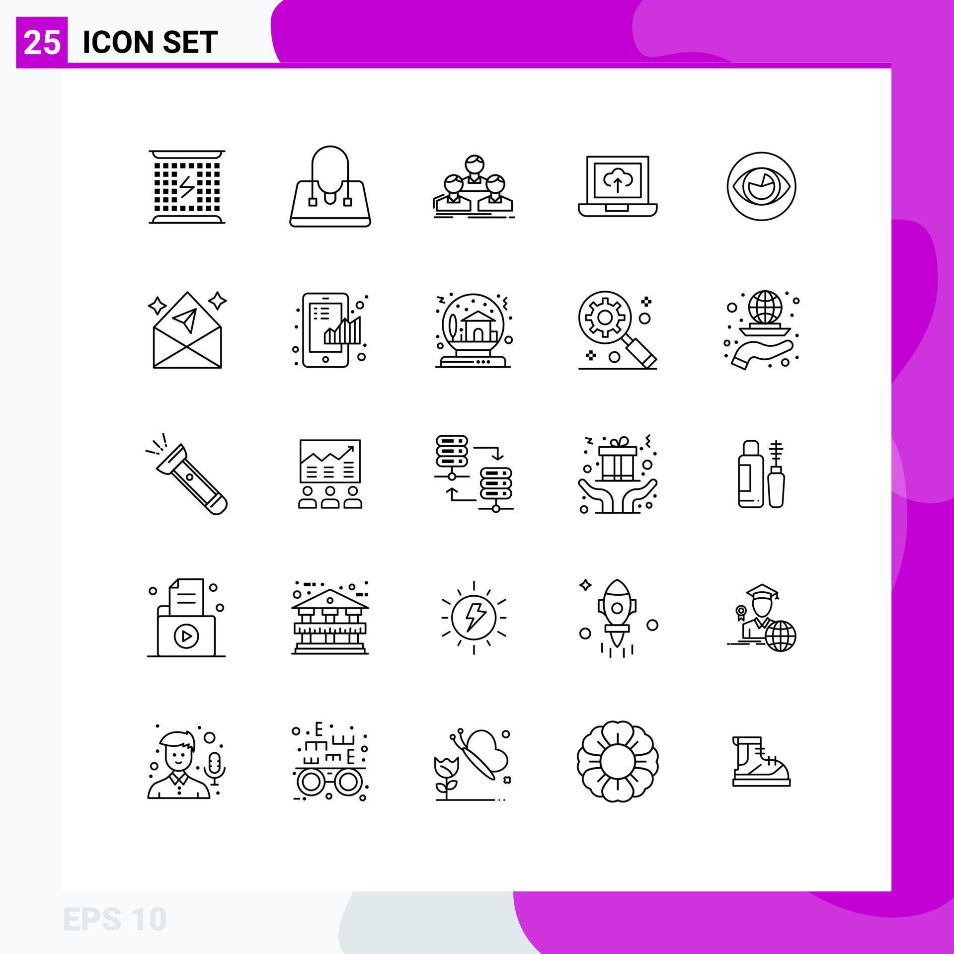 Pack of 25 Modern Lines Signs and Symbols for Web Print Media such as eye arrow company upload team Editable Vector Design Elements Stock Free