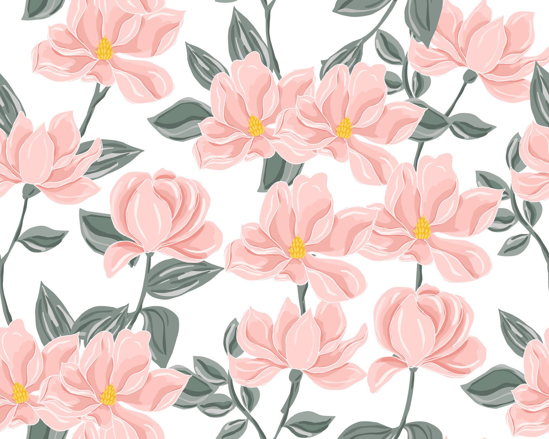 Soft Peach Magnolia Hand Drawn Flower Seamless Pattern Free Vector