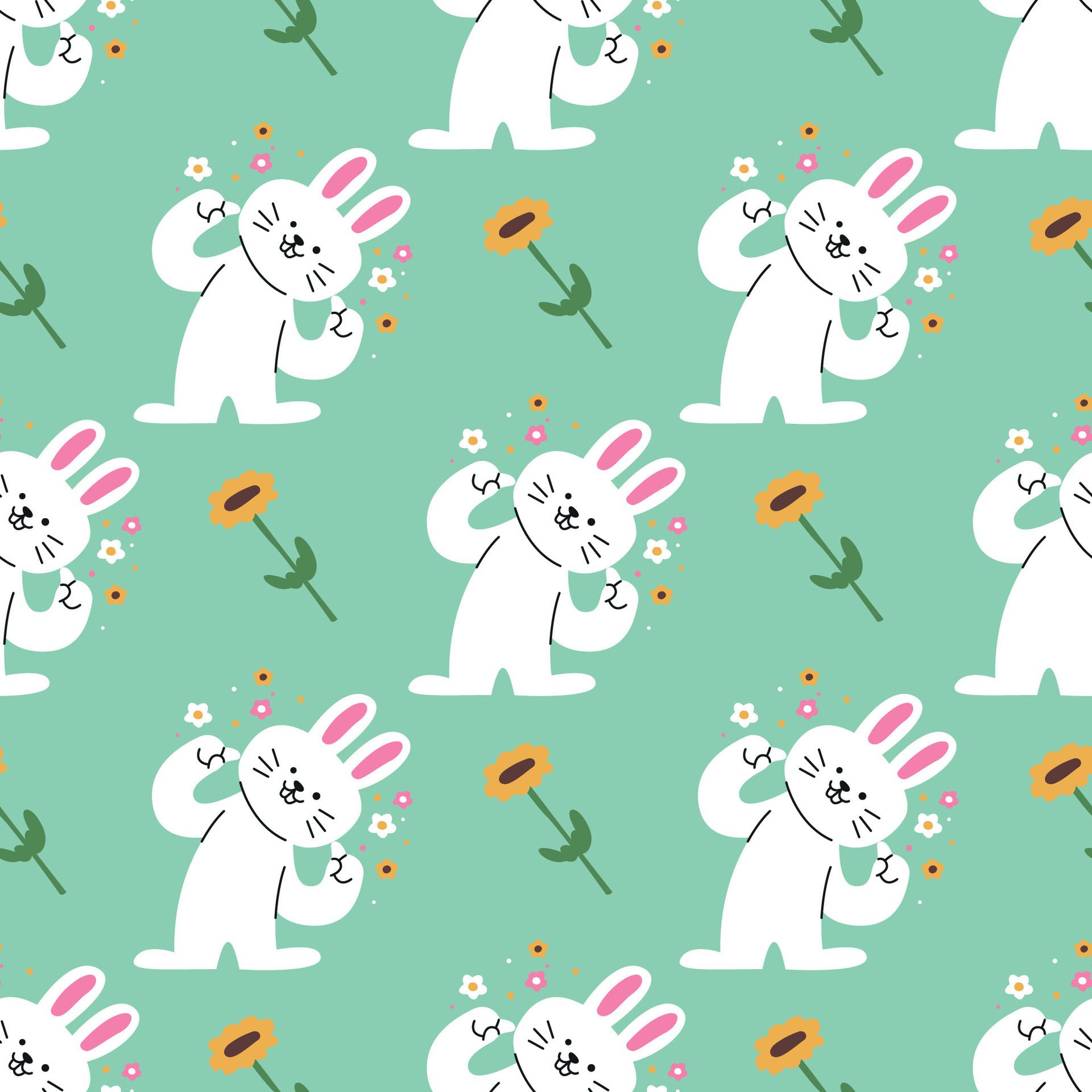 AN ADORABLE WHITE BUNNY AND A SUNFLOWER SEAMLESS PATTERN Free Vector