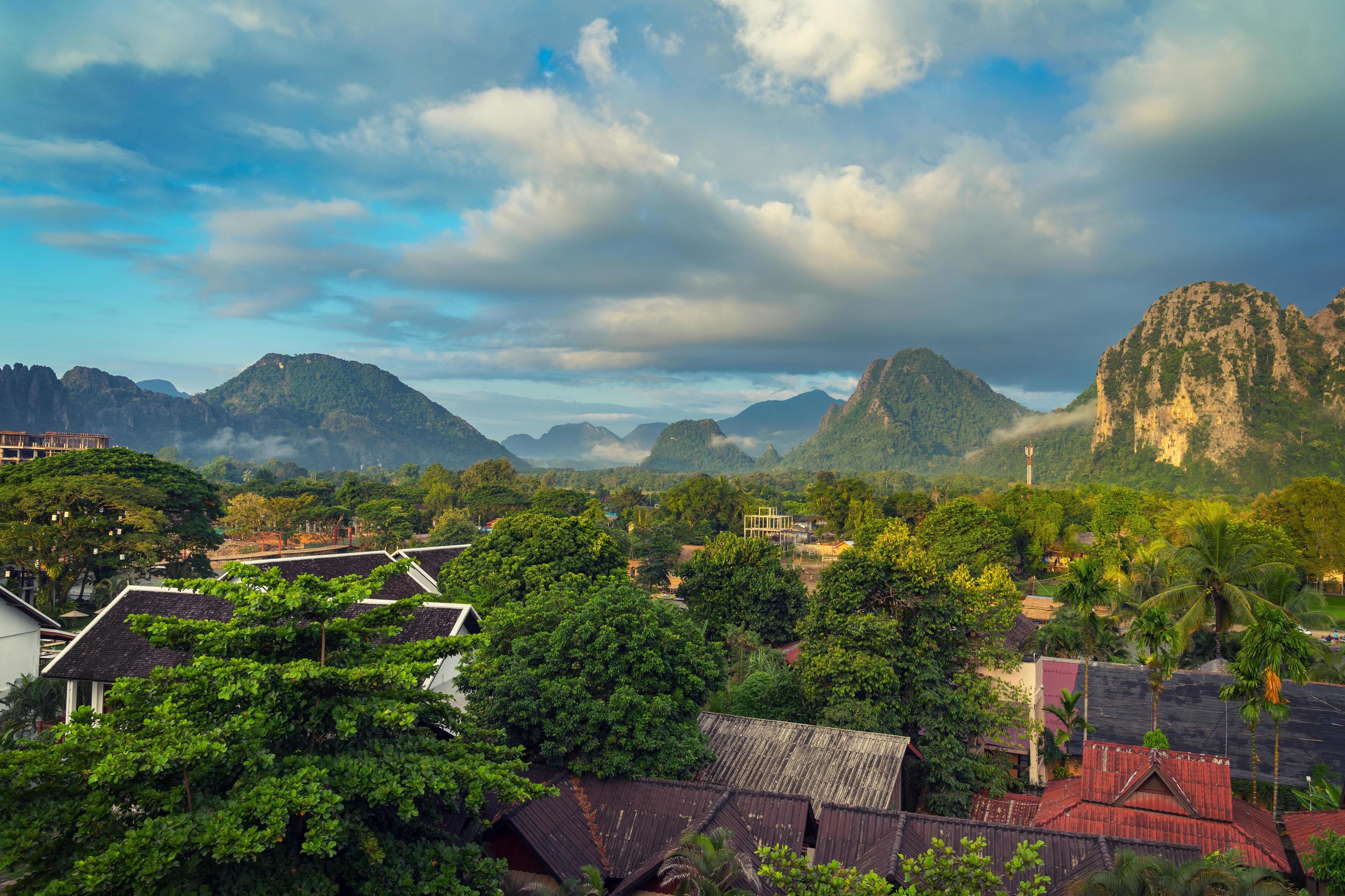 Landscape view panorama at morning in Vang Vieng, Laos. Stock Free