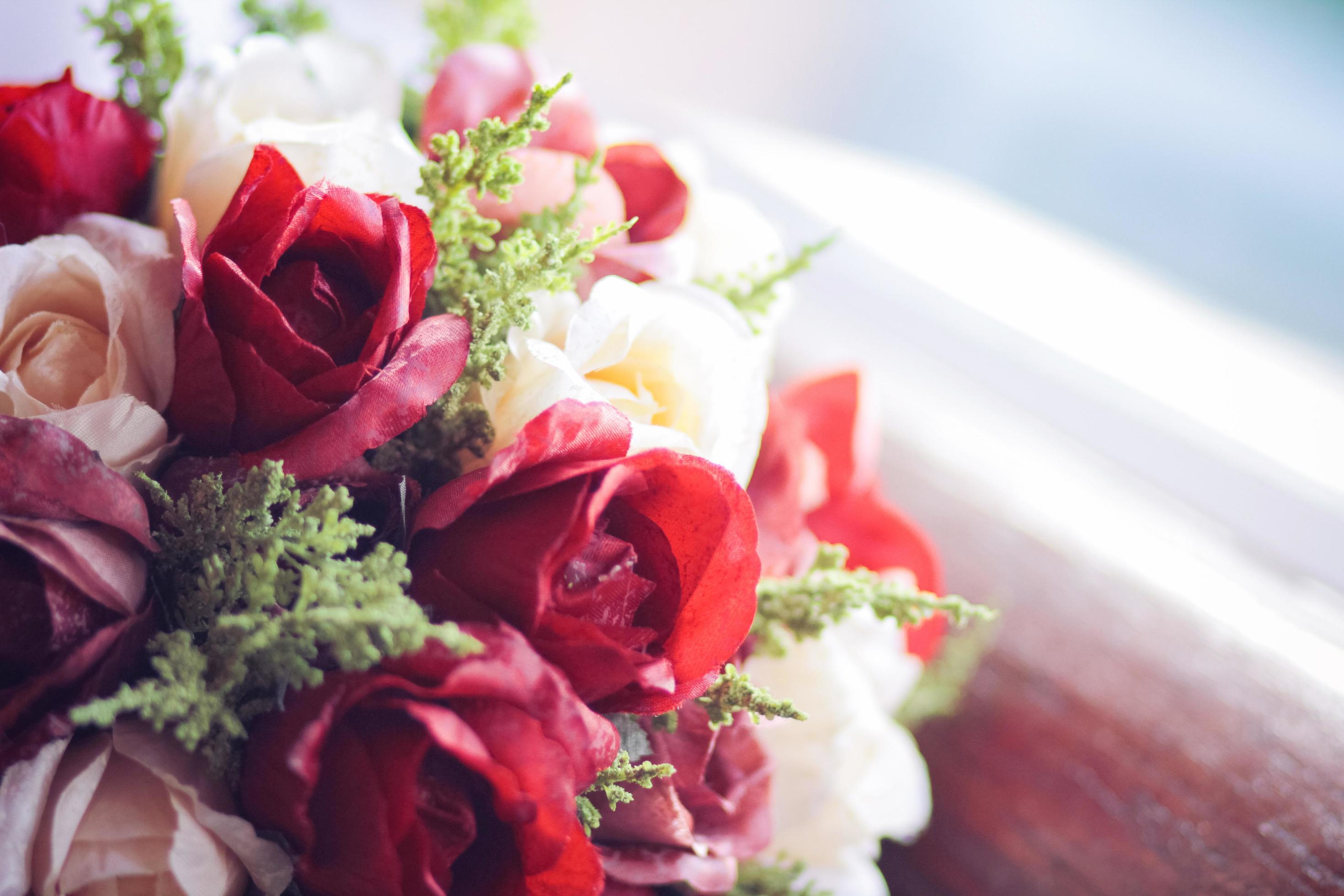 Beautiful rose Flowers bouquet on vintage chair in wedding ceremony. Valentine day Stock Free