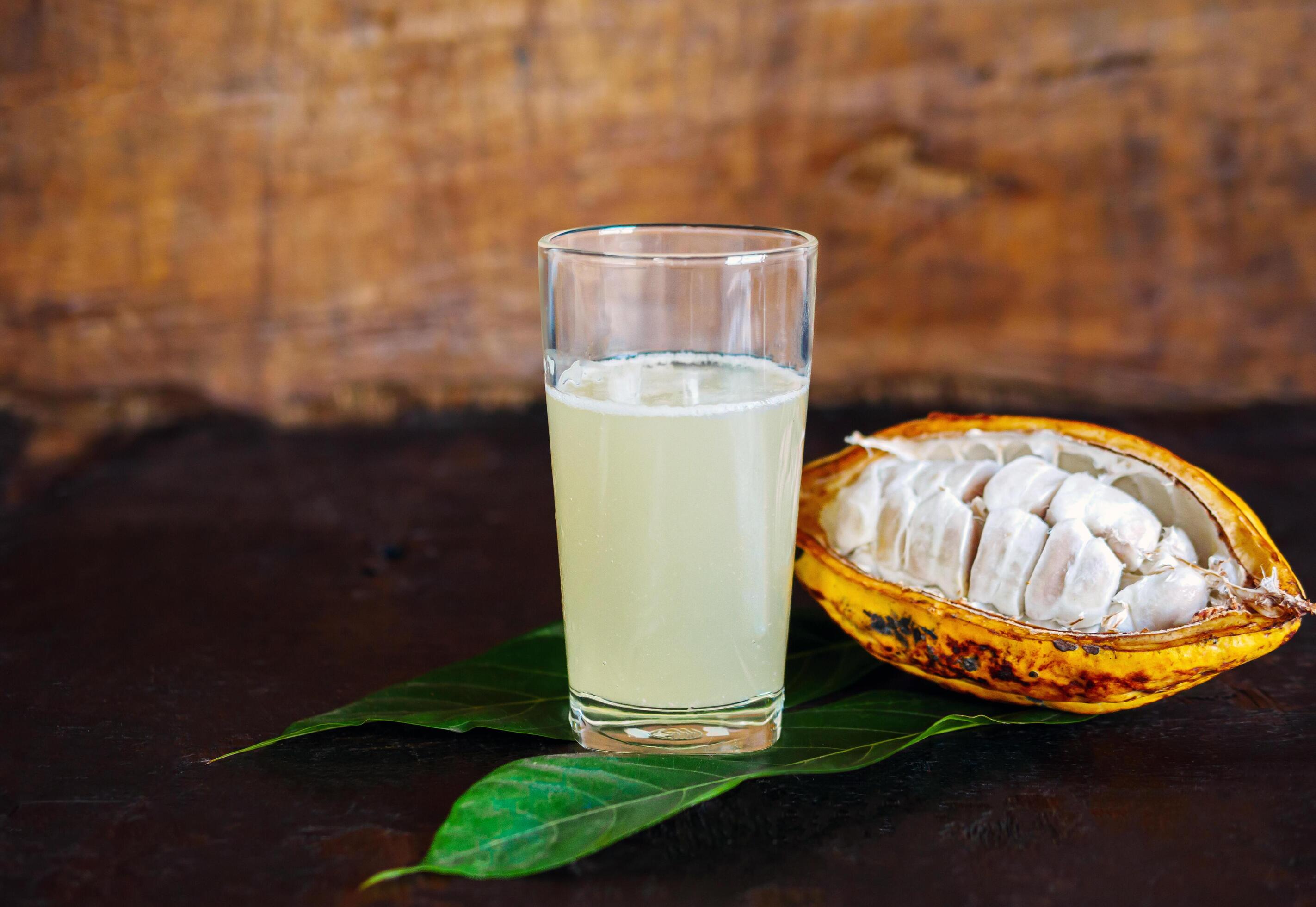 Fresh cacao water in glass and half sliced ripe yellow cacao pod with white cocoa seed, Cacao juice in glass on vintage wooden background Stock Free