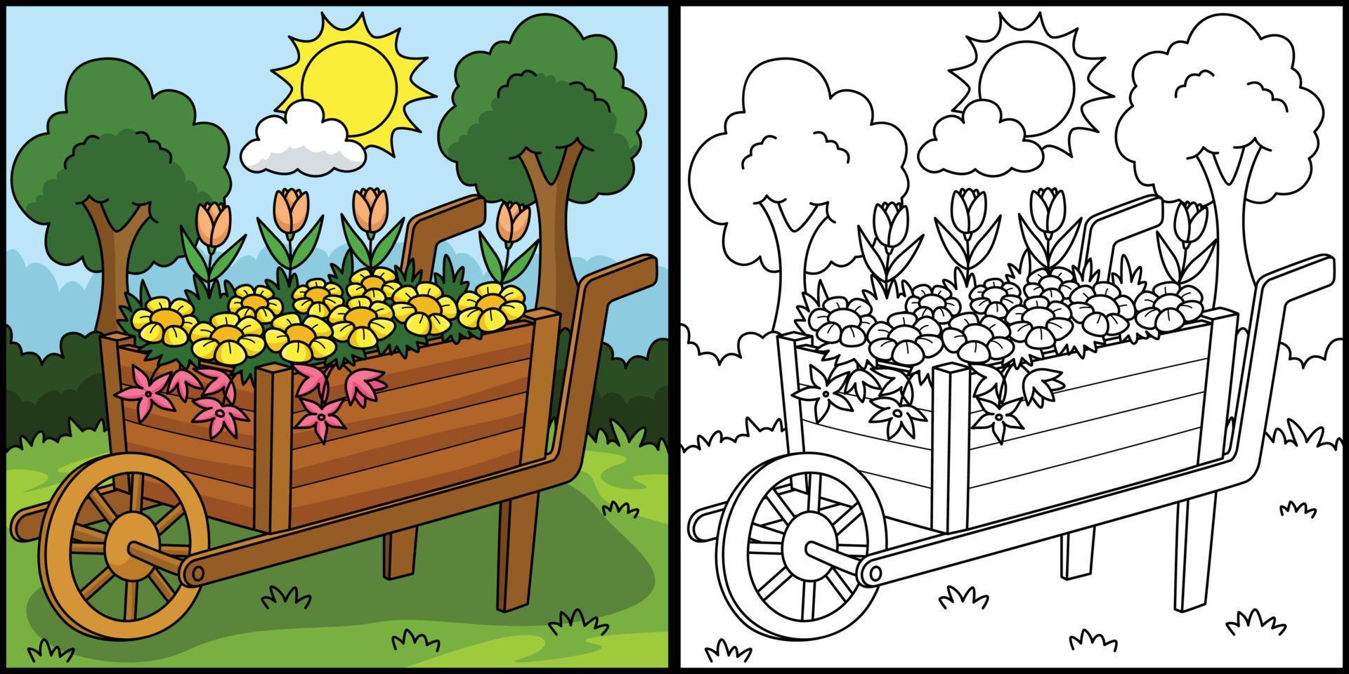 Wheelbarrow with Flowers Coloring Illustration Stock Free