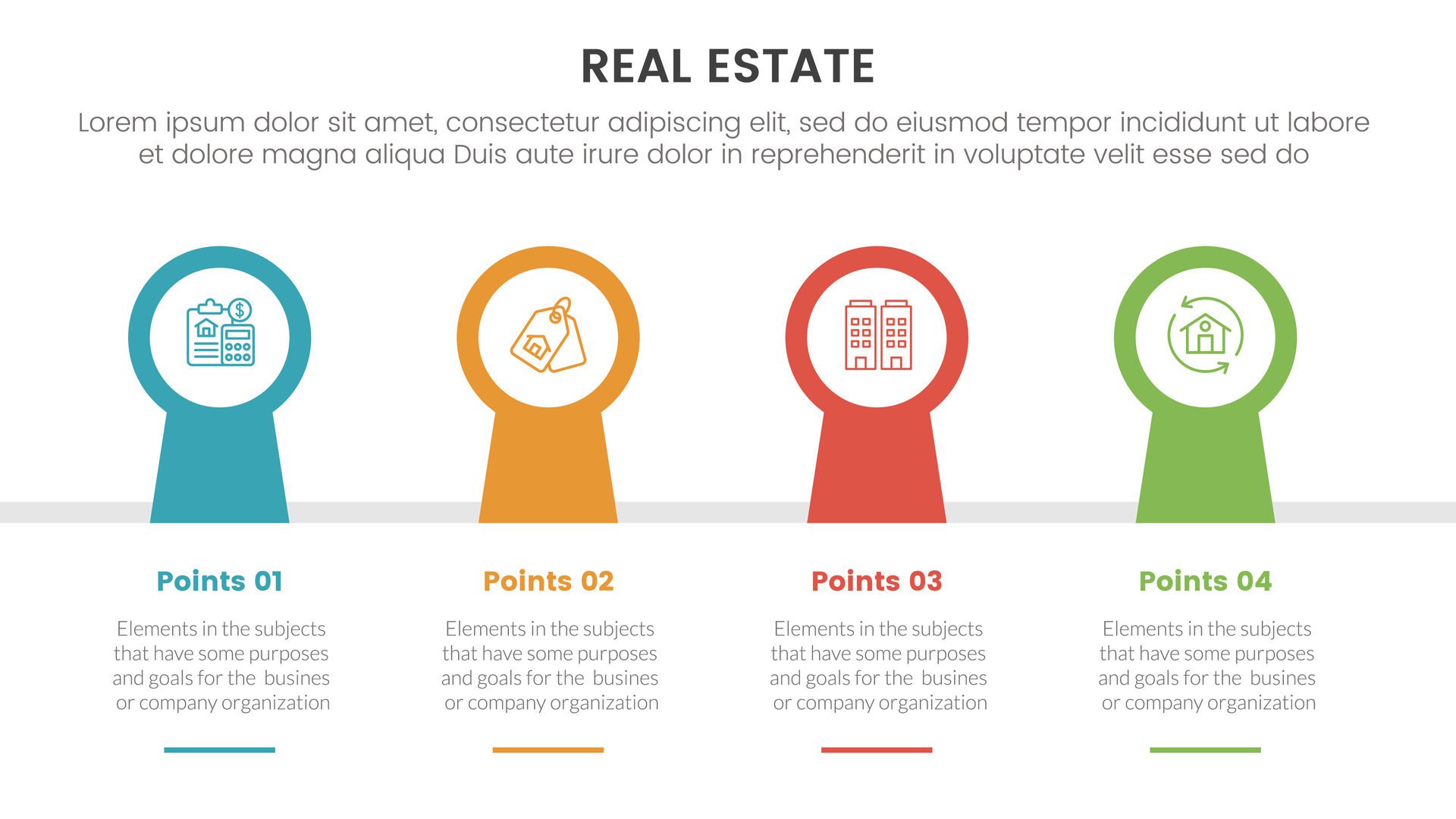 real estate property infographic template banner with keyhole horizontal timeline style with 4 point list information for slide presentation Free Vector