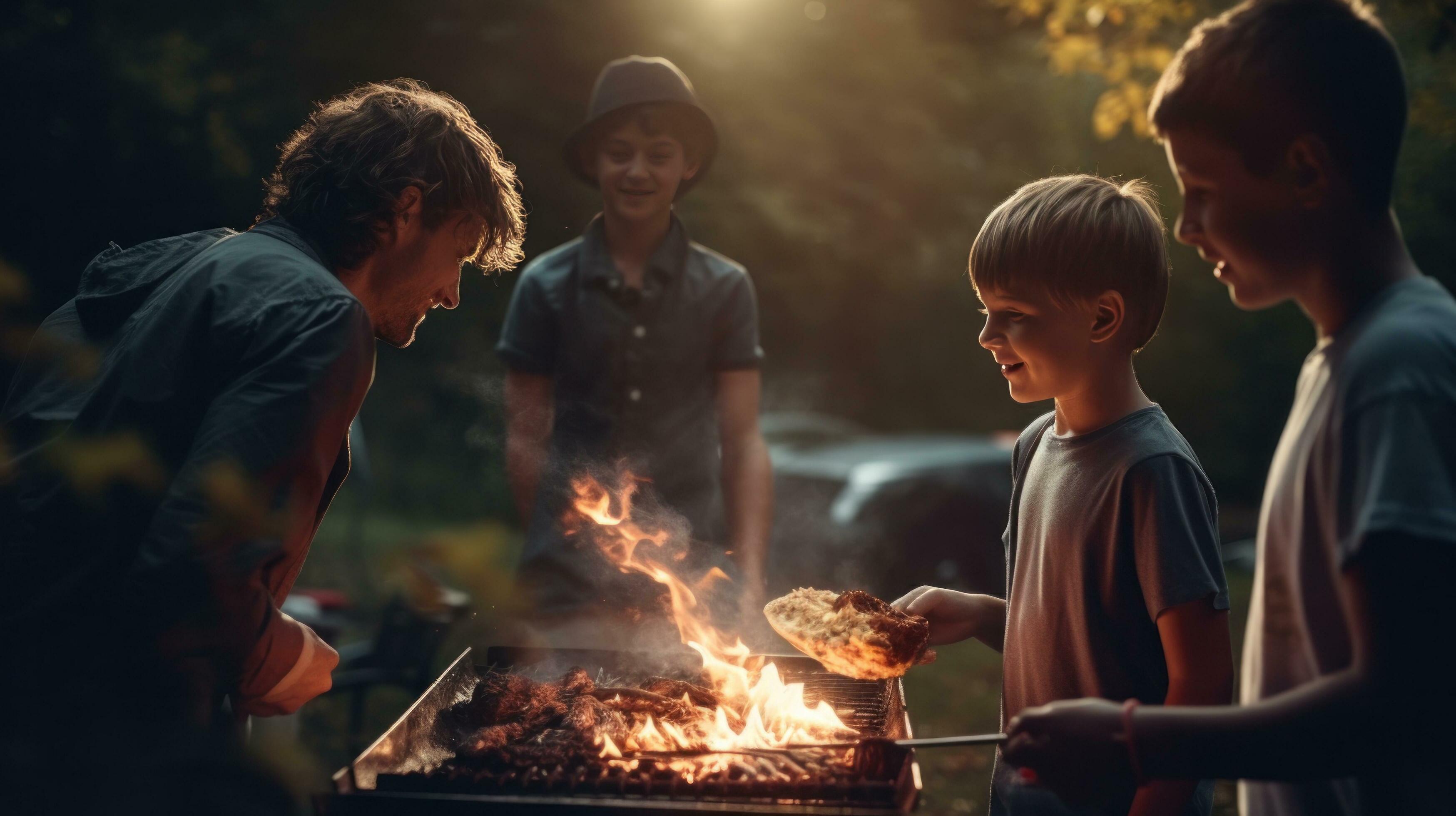 Young family is grilling at the barbecue Stock Free