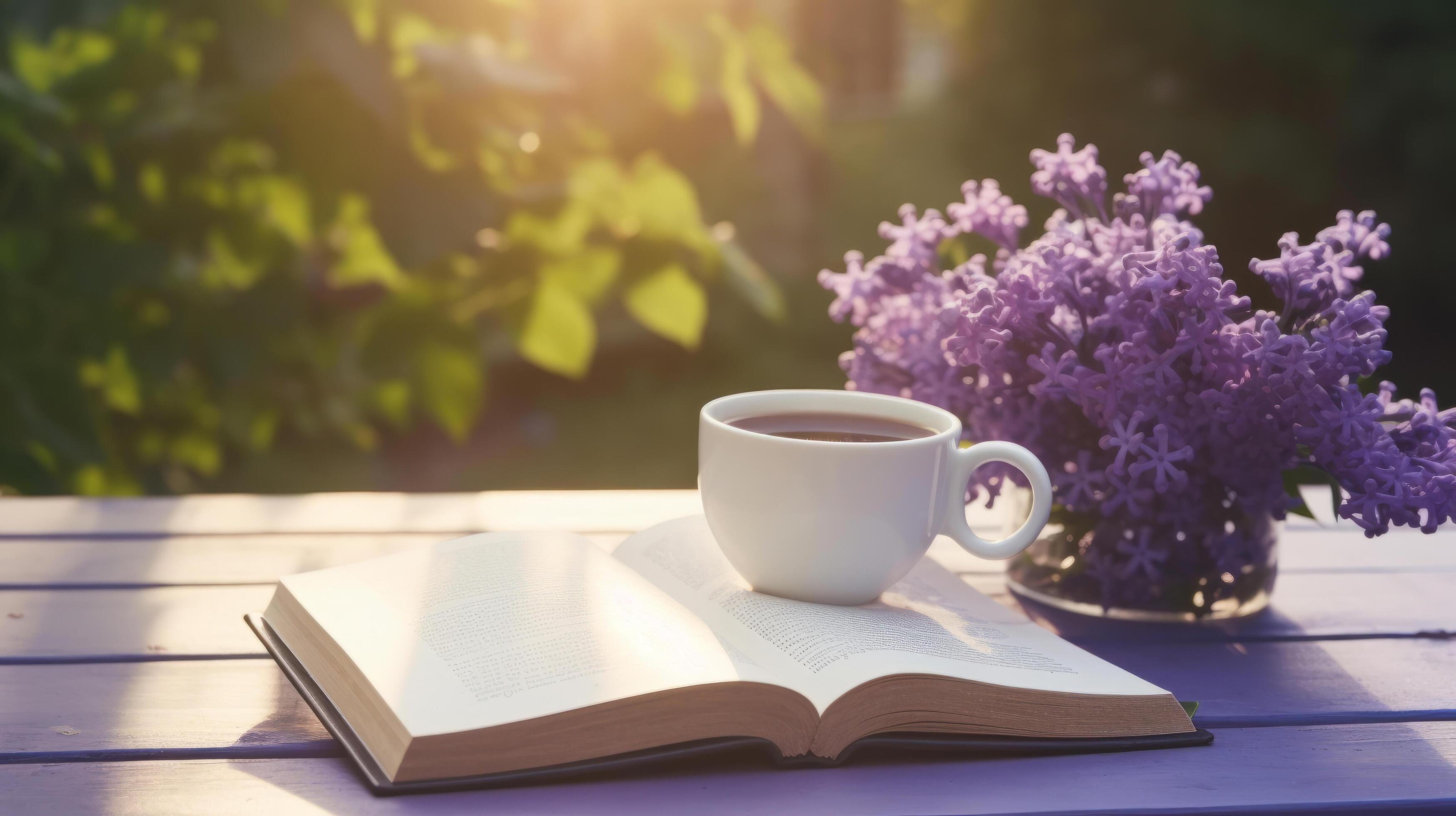 Cup of coffee with book and Lilly flowers. Illustration Stock Free