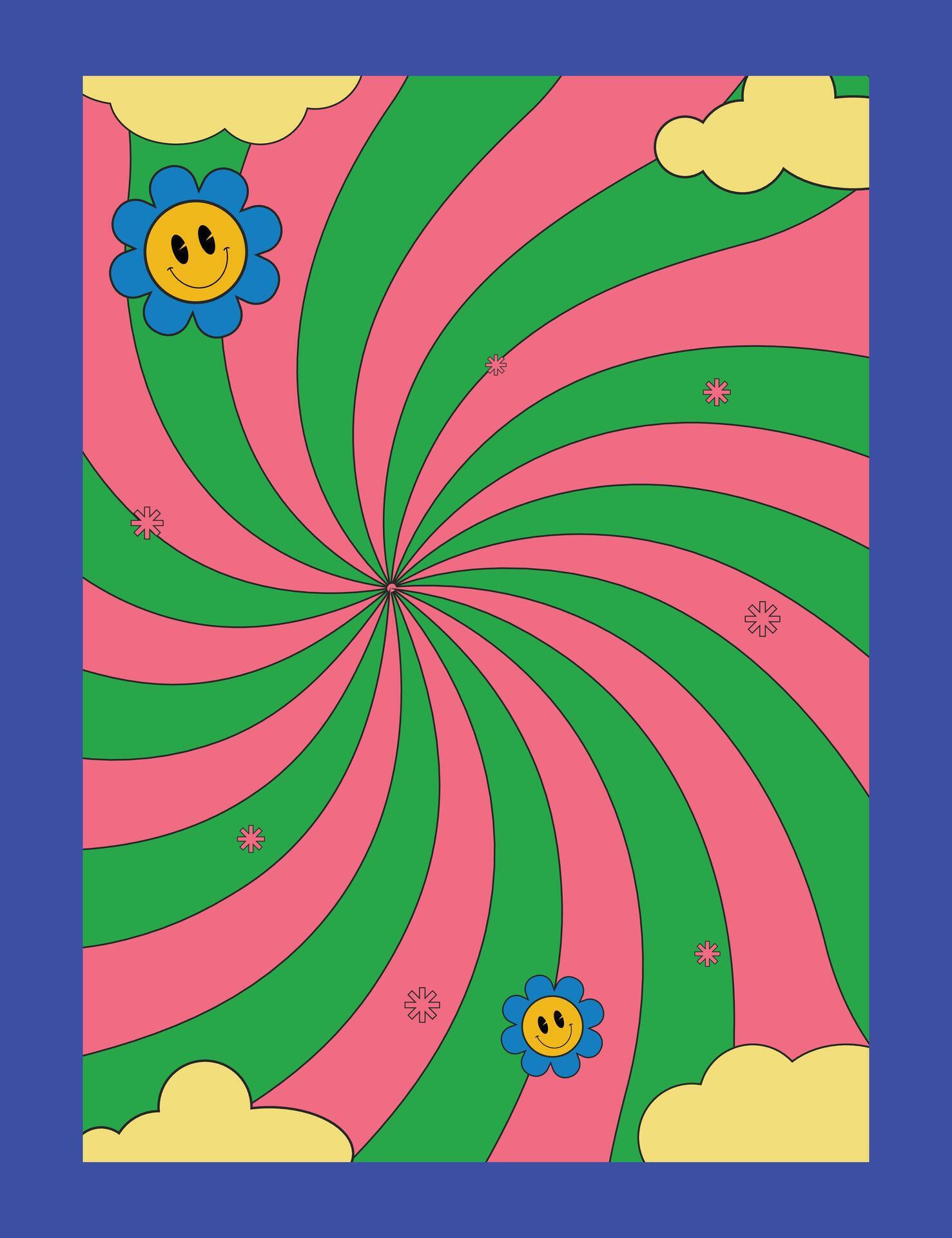 Bright groovy posters 70s design. Retro poster with psychedelic style with rays, cloud and flower Stock Free