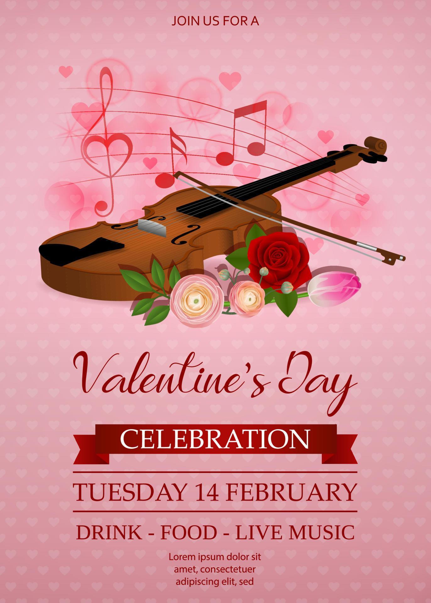 valentine’s day poster with violin and flowers Stock Free