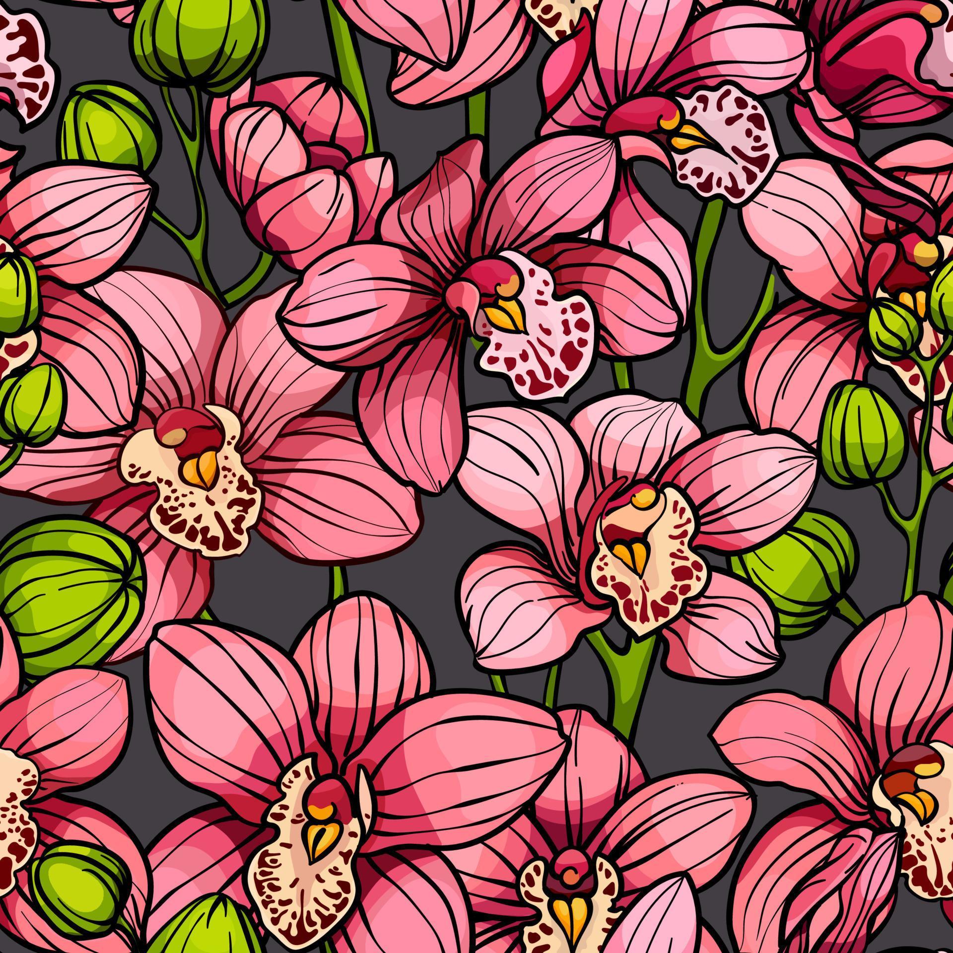 Pink orchids on gray background, seamless vector pattern. hand drawn illustration. Exotic tropical flowers Stock Free