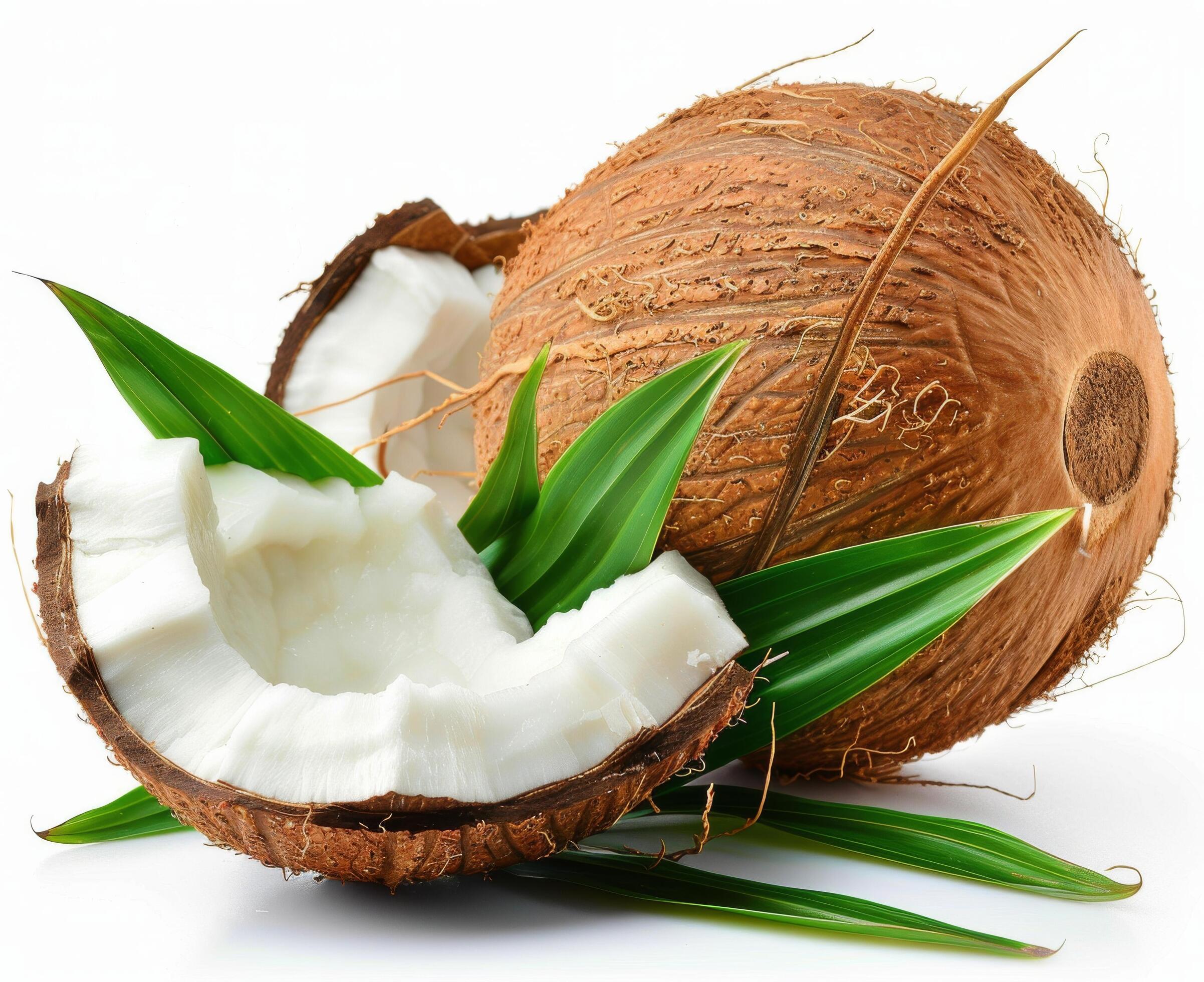 
									Freshly Opened Coconut With Palm Leaves on White Background Stock Free