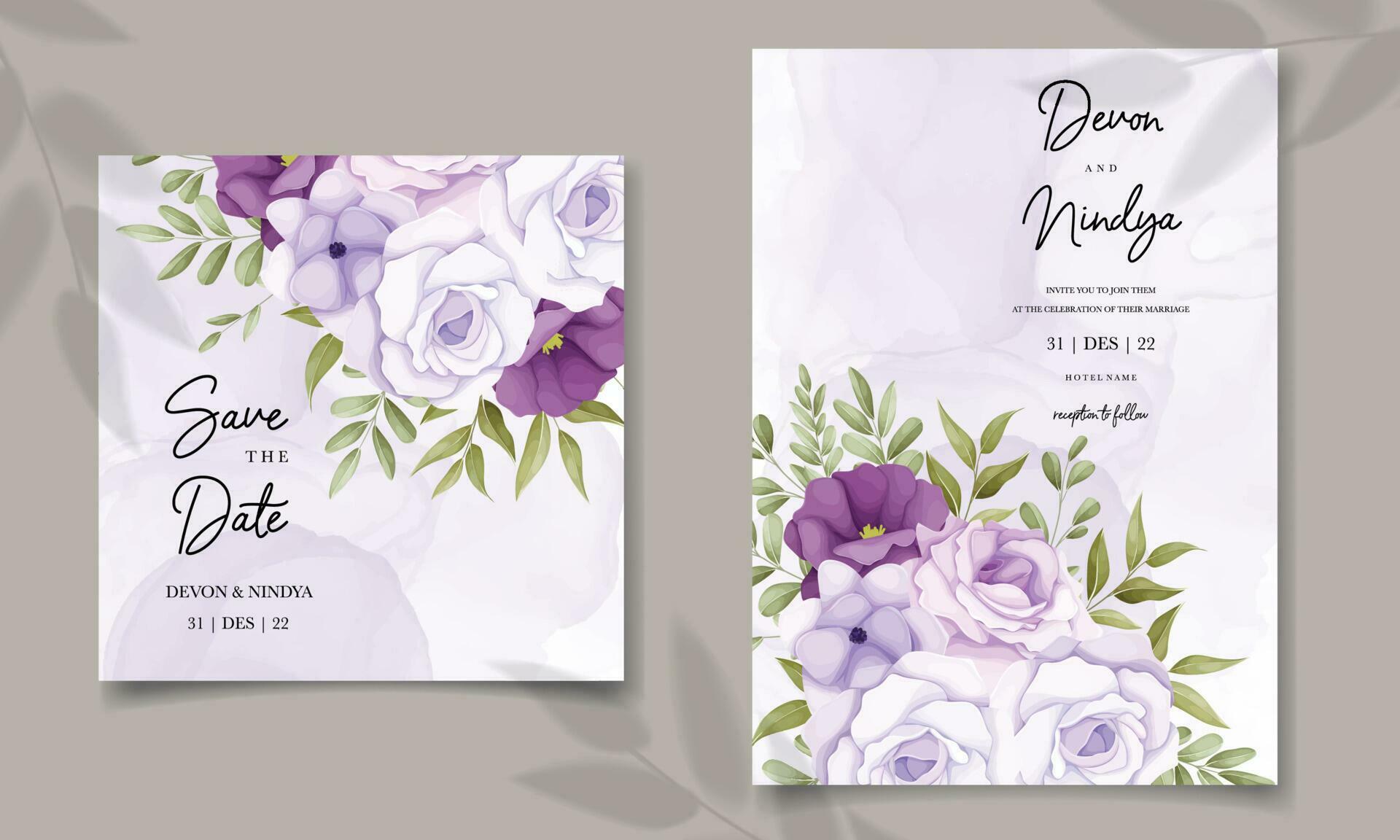 Elegant wedding invitation card with purple flowers Stock Free