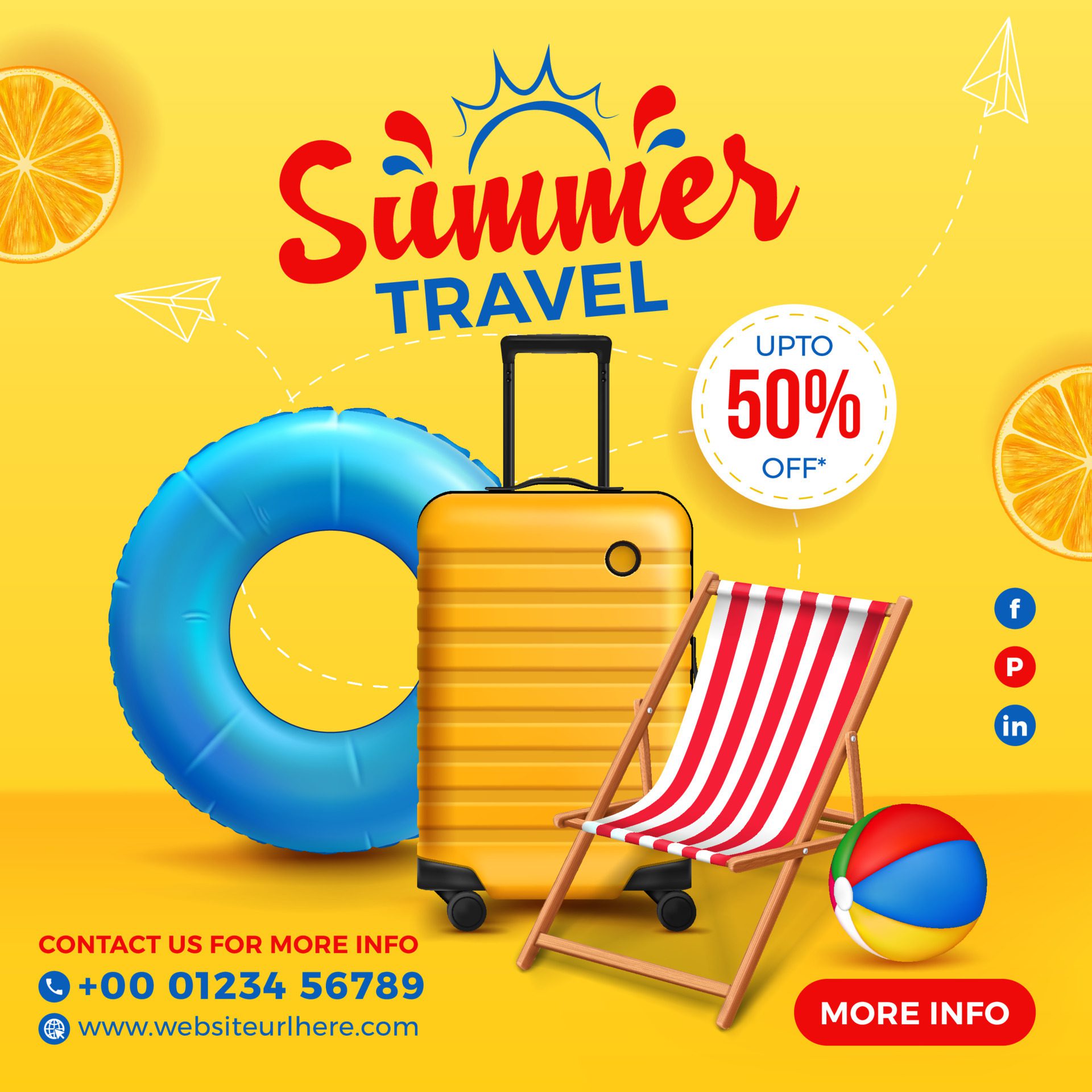 summer travel square banner design with suitcase, swiming ring, beach chair and beach ball Free Vector