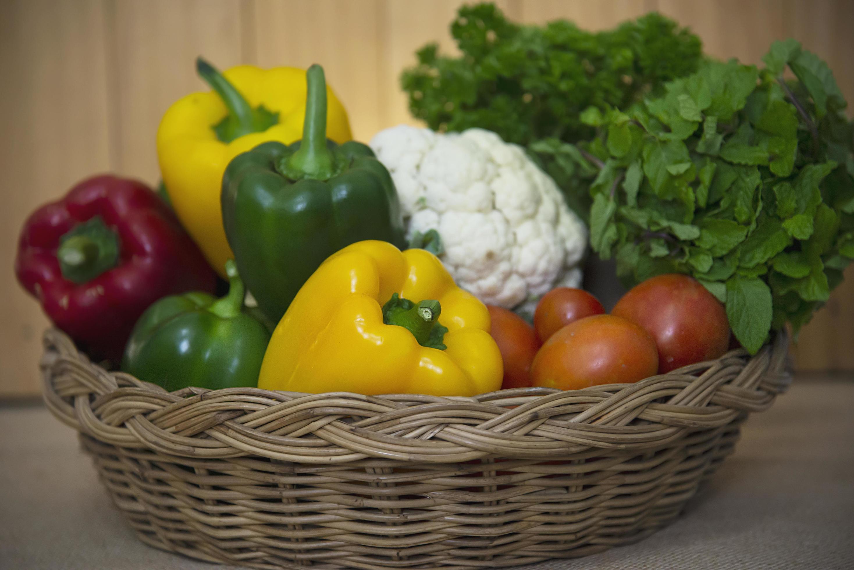 Fresh variety vegetable basket ready to be cooked in the kitchen – vegetable for making food background with copy space concept Stock Free