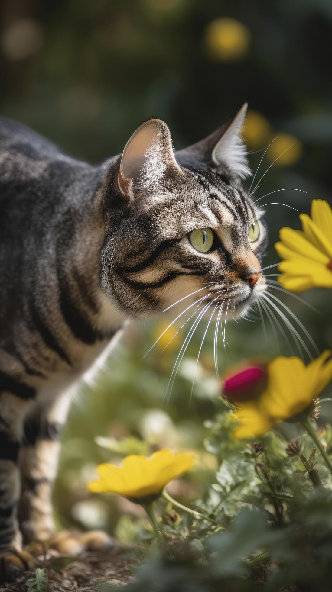 A playful cat chasing a butterfly around a garden full of flowers, Generate Ai Stock Free