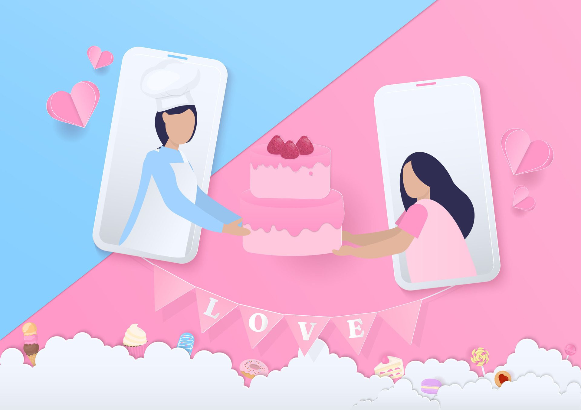 Chef giving cake to women with mobile phone banner Free Vector