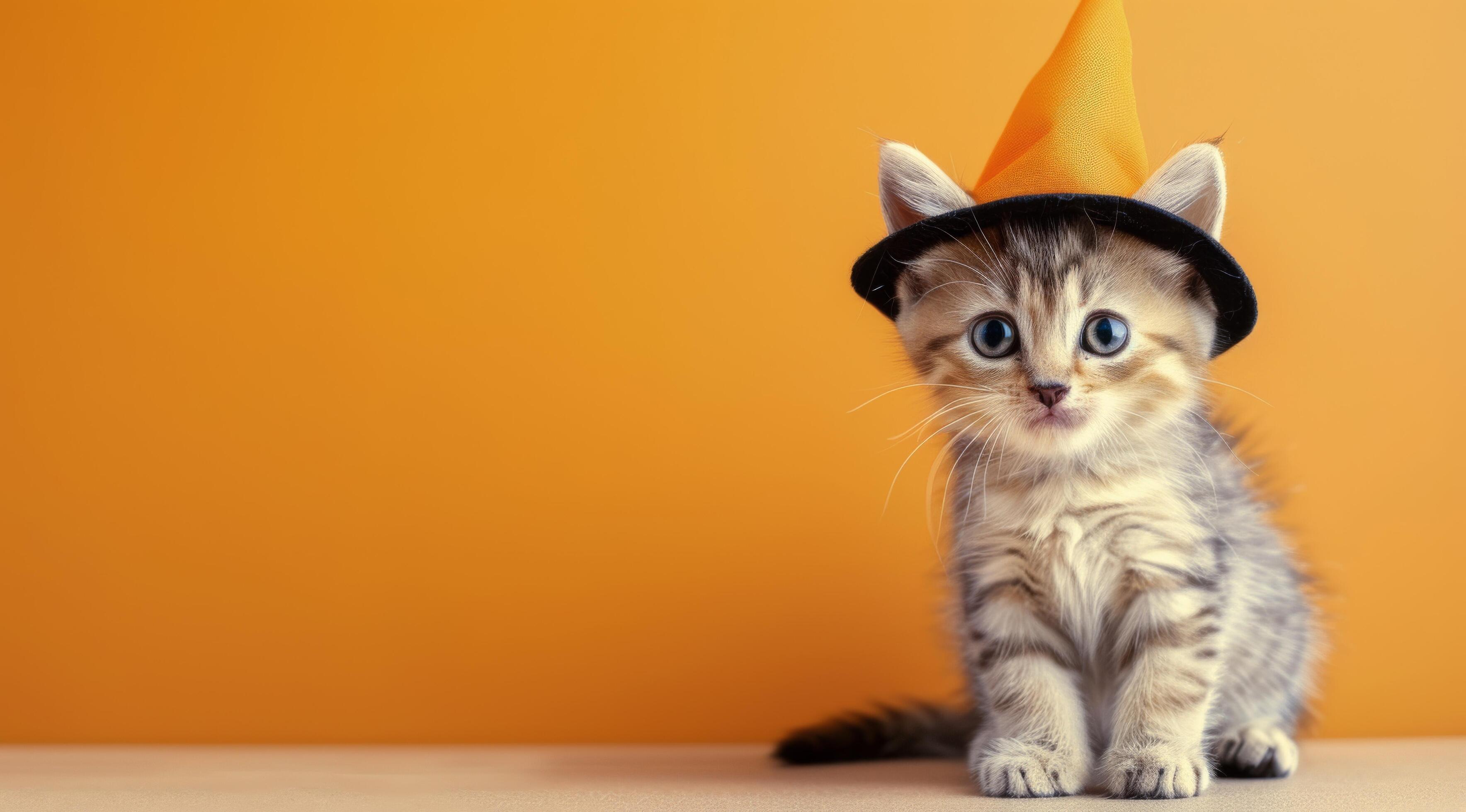 Playful Gray Tabby Kitten Sitting Against a Bright Yellow Background Stock Free