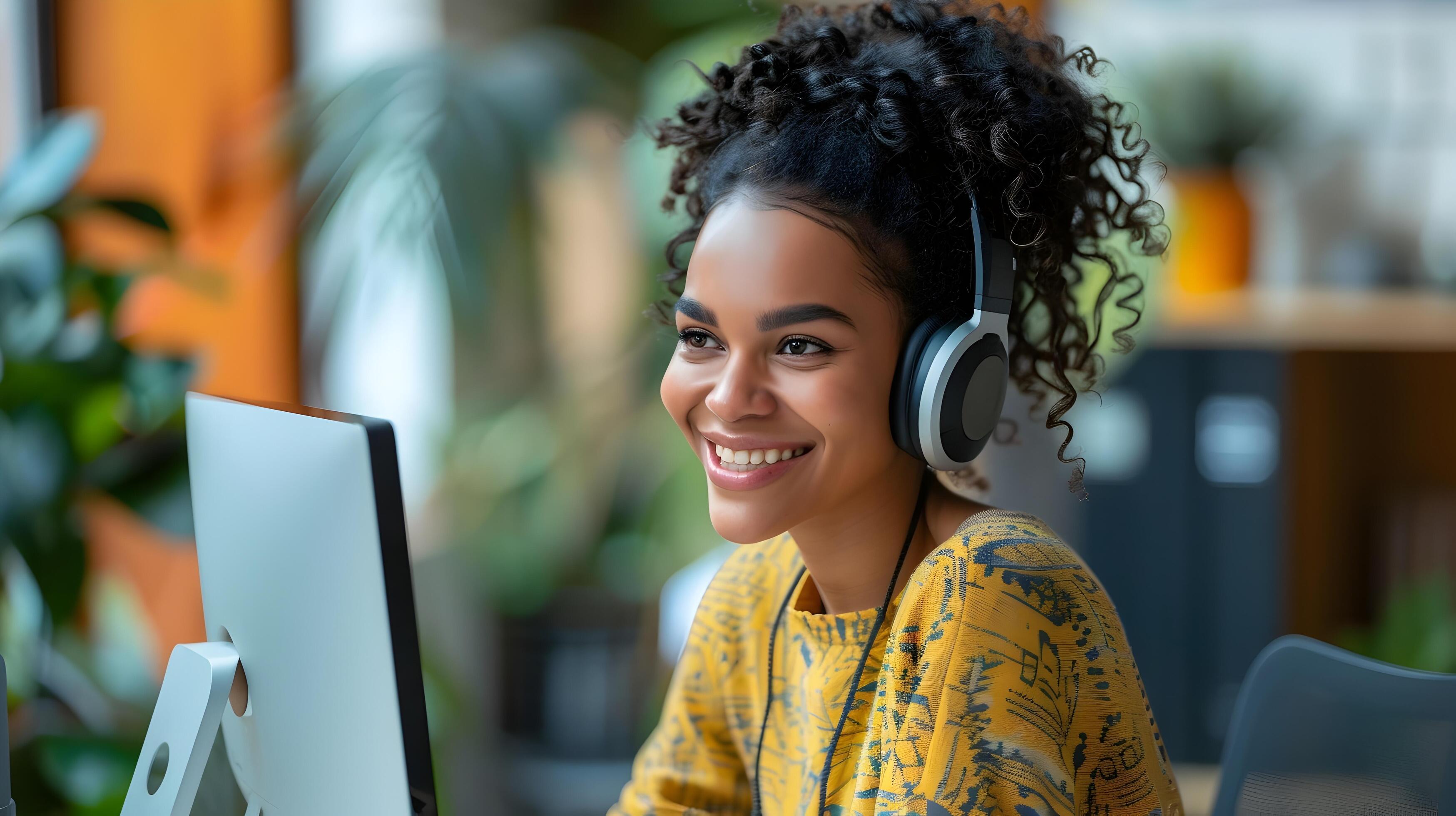 Smiling Young Professional Wearing Headphones and Working at Desk Stock Free