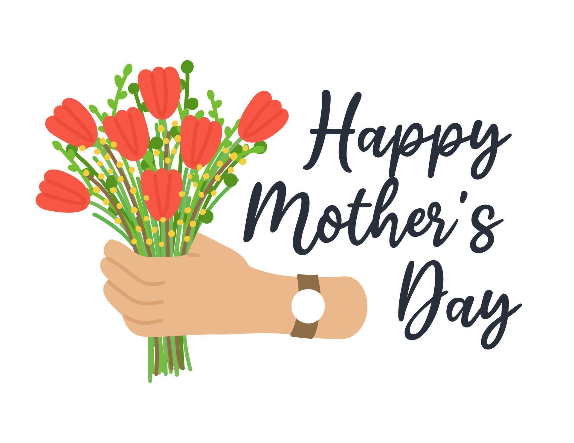 World Mother’s Day Card with Bouquet of Flowers. Hand holding red tulips. Hand drawn flat cartoon element on white background. Vector illustration Stock Free