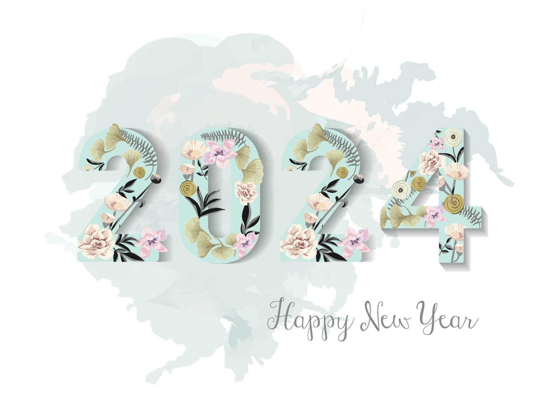 Happy New Year 2024 with watercolor flowers and a lot of leaves background Stock Free