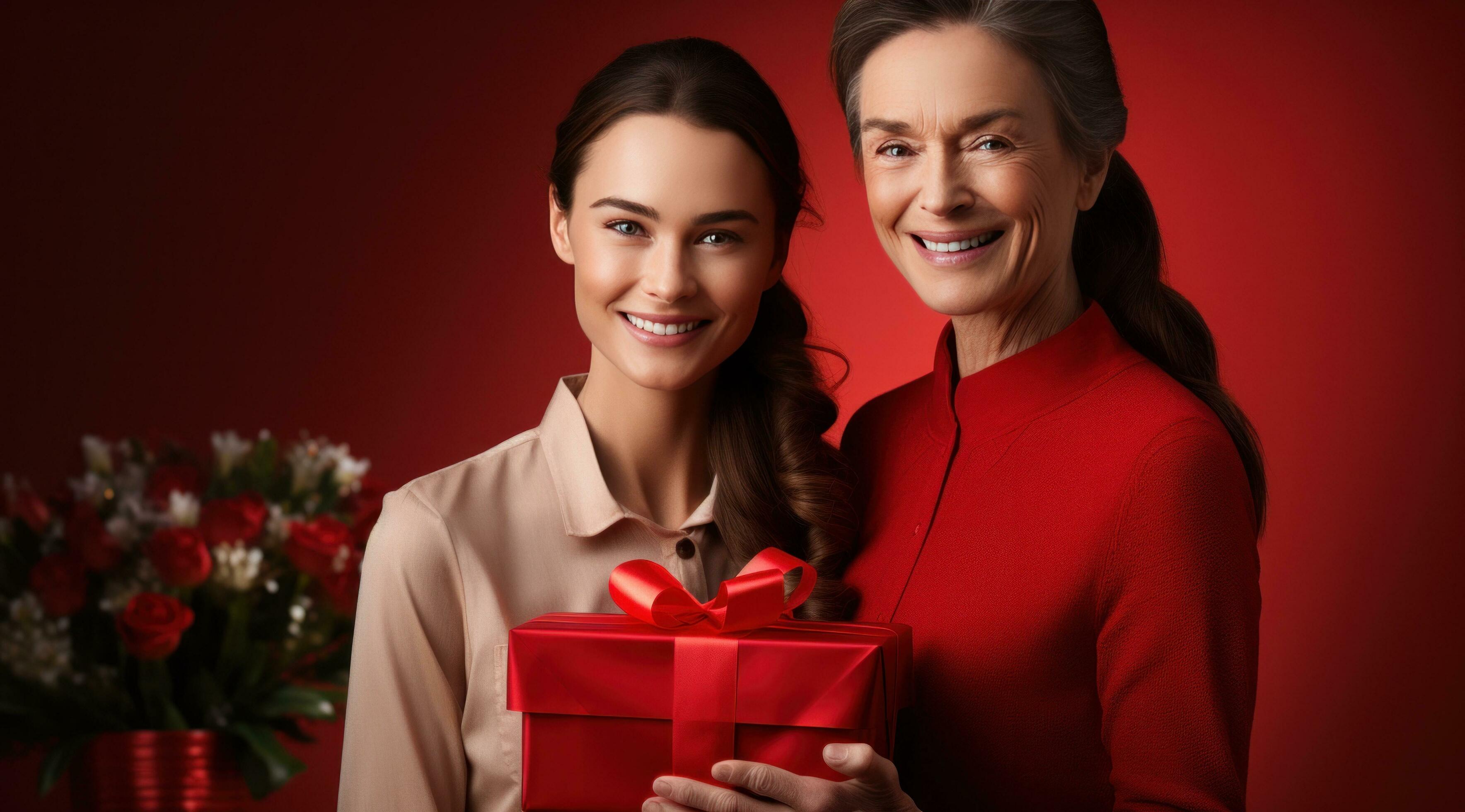 AI generated a woman holding a red gift box in front of a family member, Stock Free