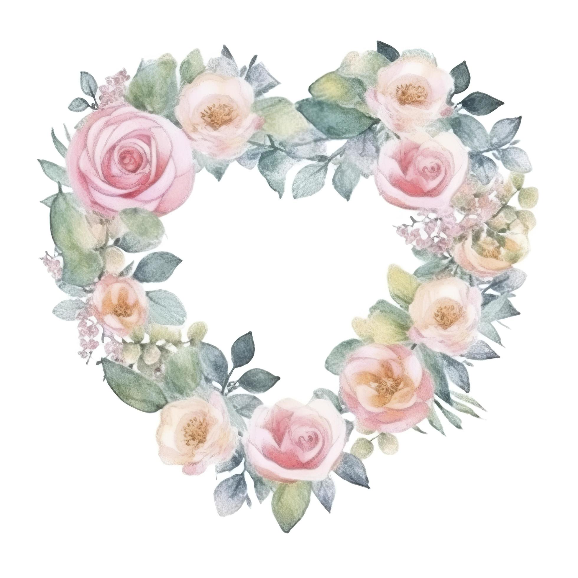 pastel, watercolor, cute and perfect rose flower and blooms, wedding decorative perfect heart frame border, white background, generat ai Stock Free