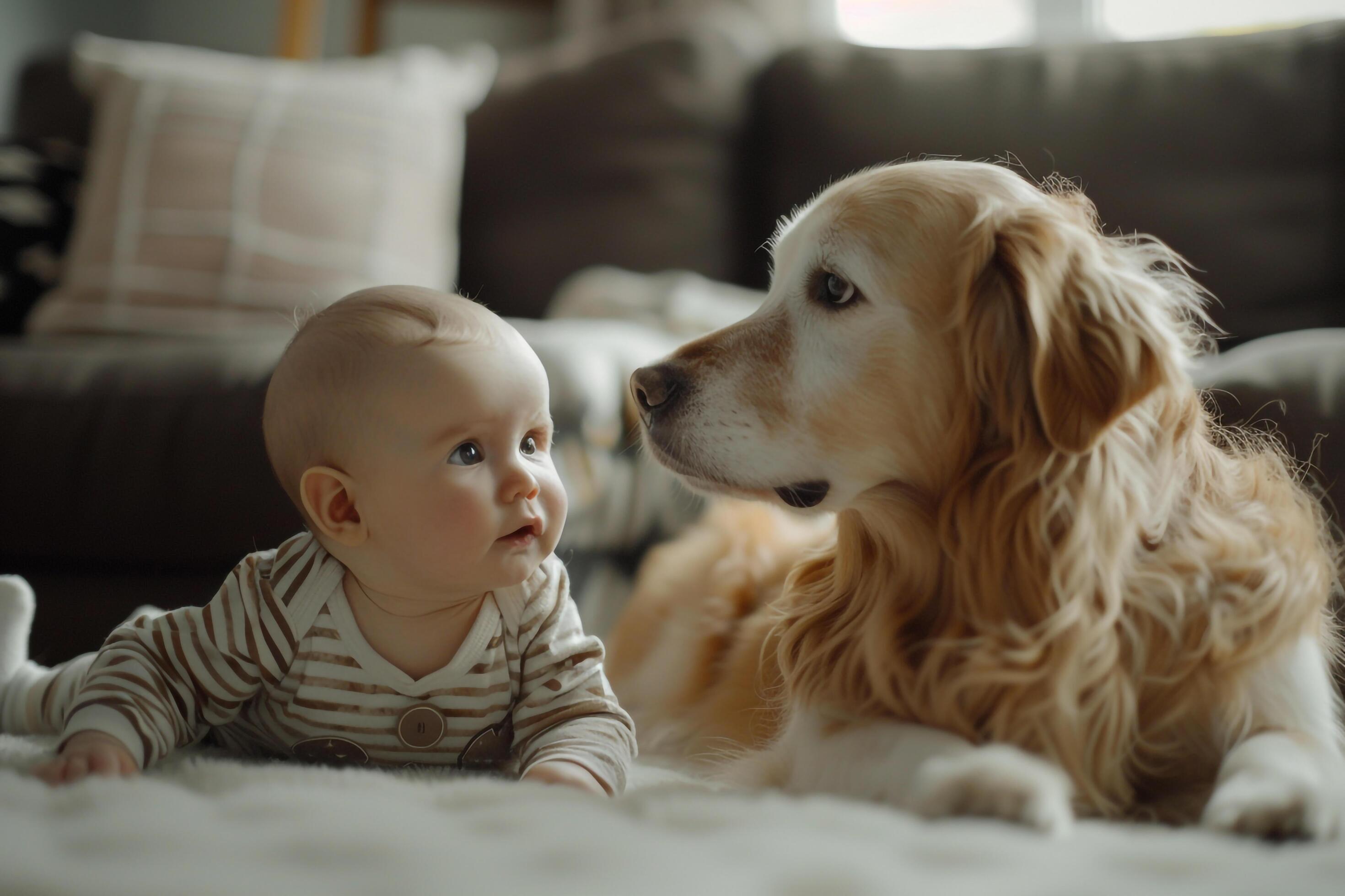 Baby with Family Pet Loving and Joyful Interaction Stock Free