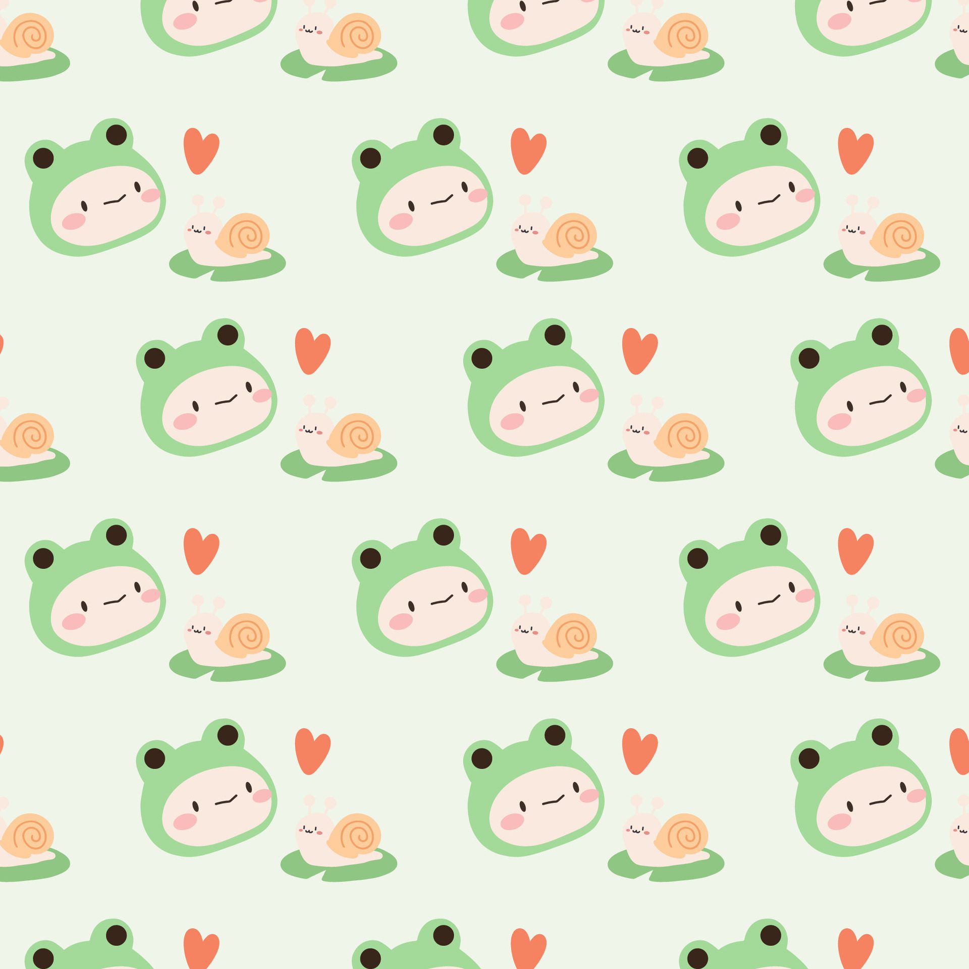 Kawaii cute pattern with frog and little snail on soft green background Free Vector