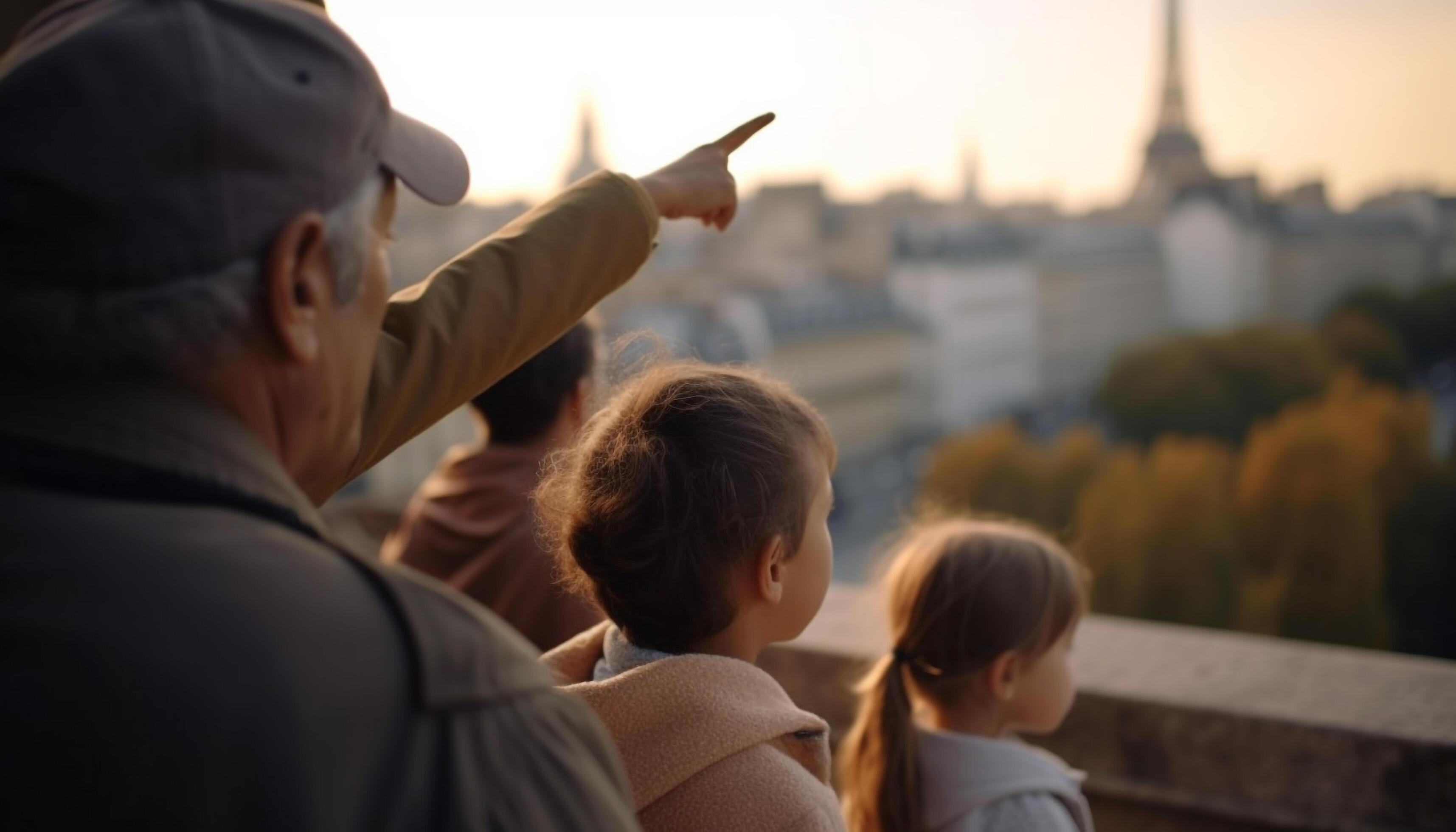 Family bonding outdoors, enjoying nature sunset, showing love and happiness generated by AI Stock Free