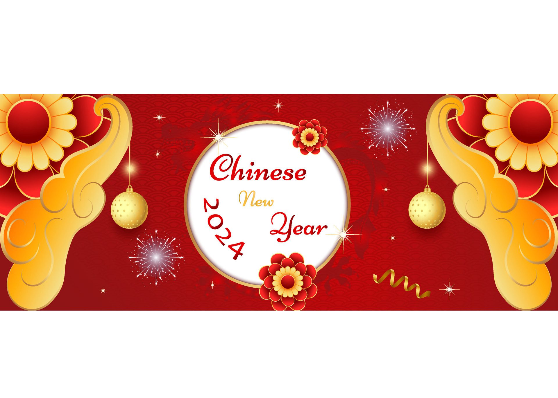 Happy Chinese new year 2024 celebration banner with flower, lantern, Asian elements gold paper cut style on color background. Free Vector