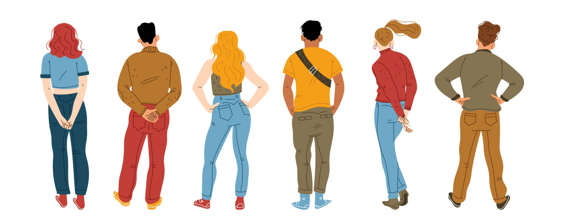 People from behind, male or female characters rear Free Vector