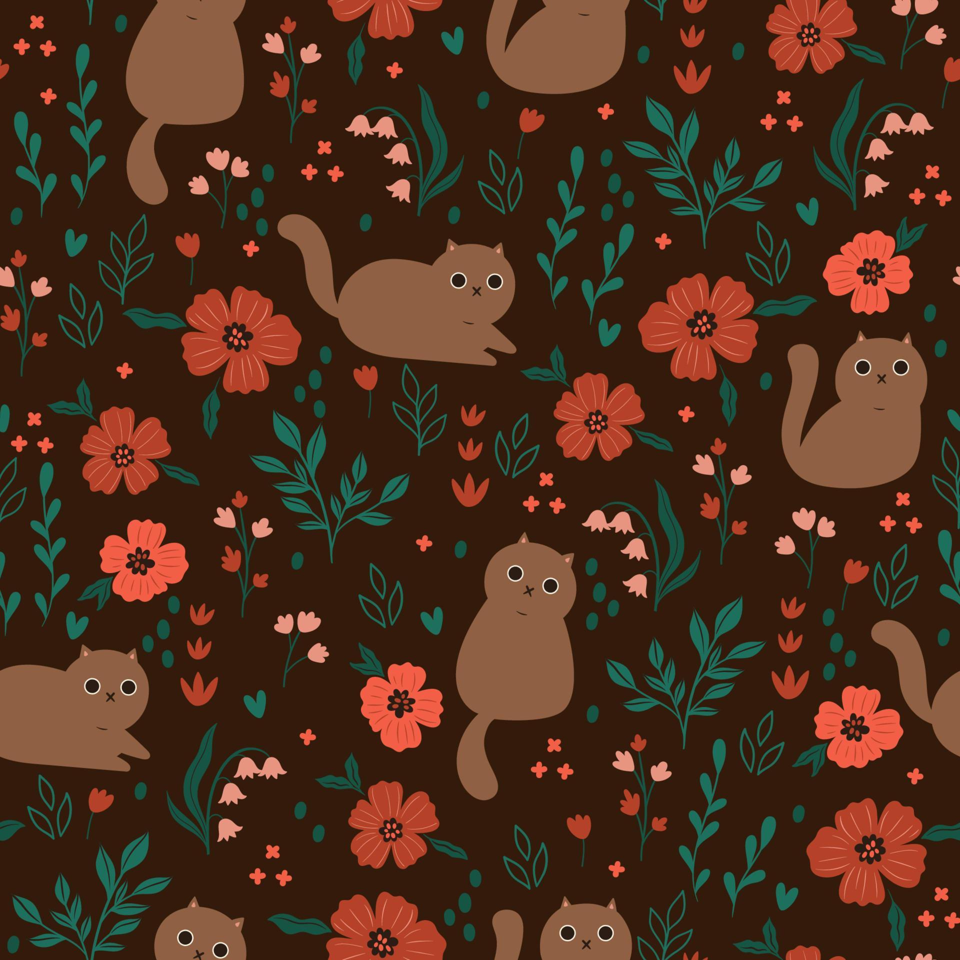 Seamless pattern with cute cats and flowers. Vector graphics. Stock Free