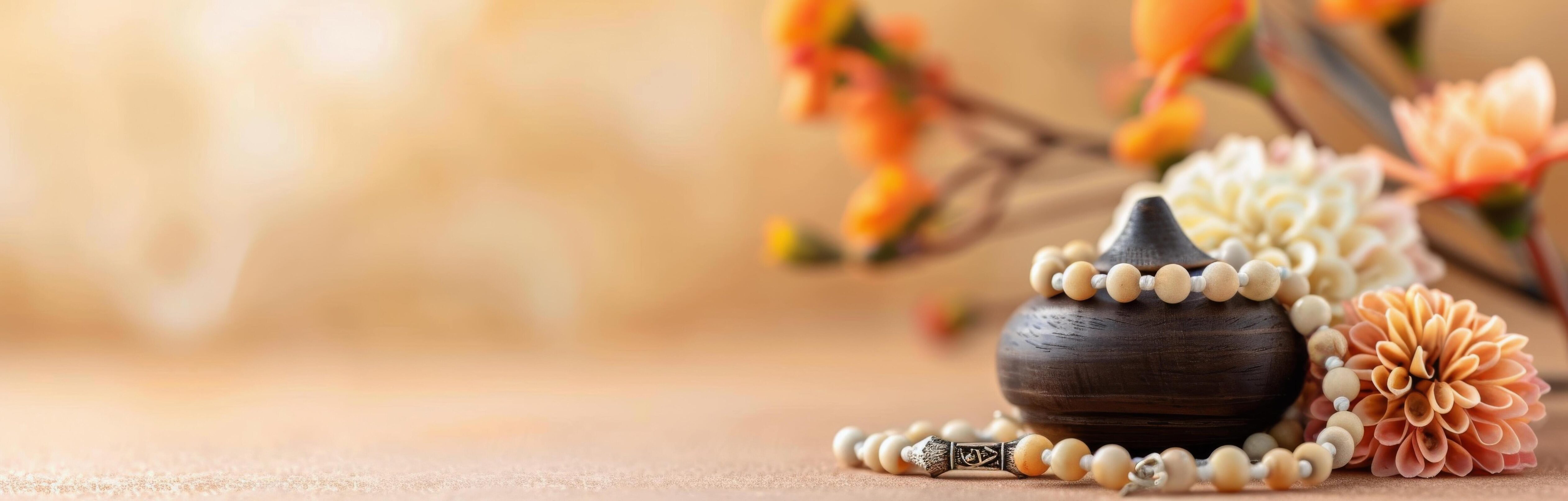 Decorative Candle, Pot, and Natural Elements on a Wooden Surface With Warm Background Stock Free