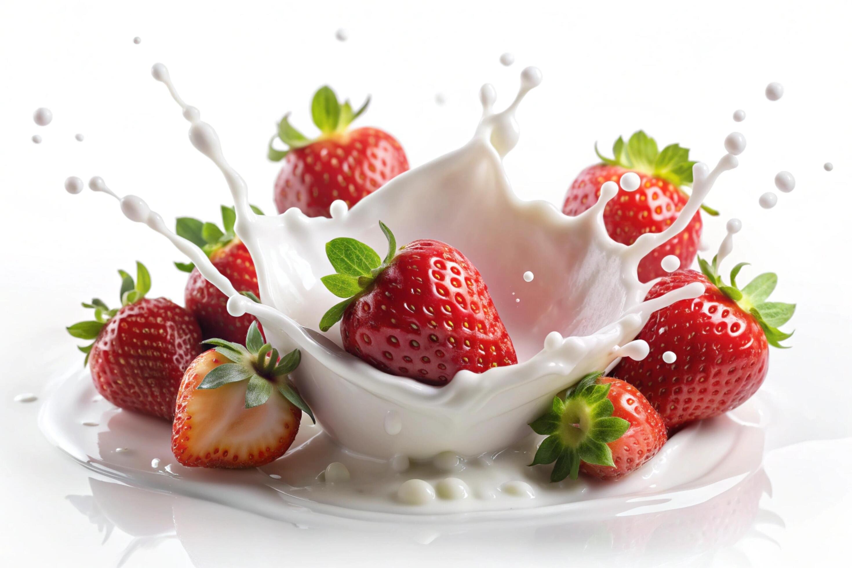 Milk splashes with strawberry on white background Stock Free