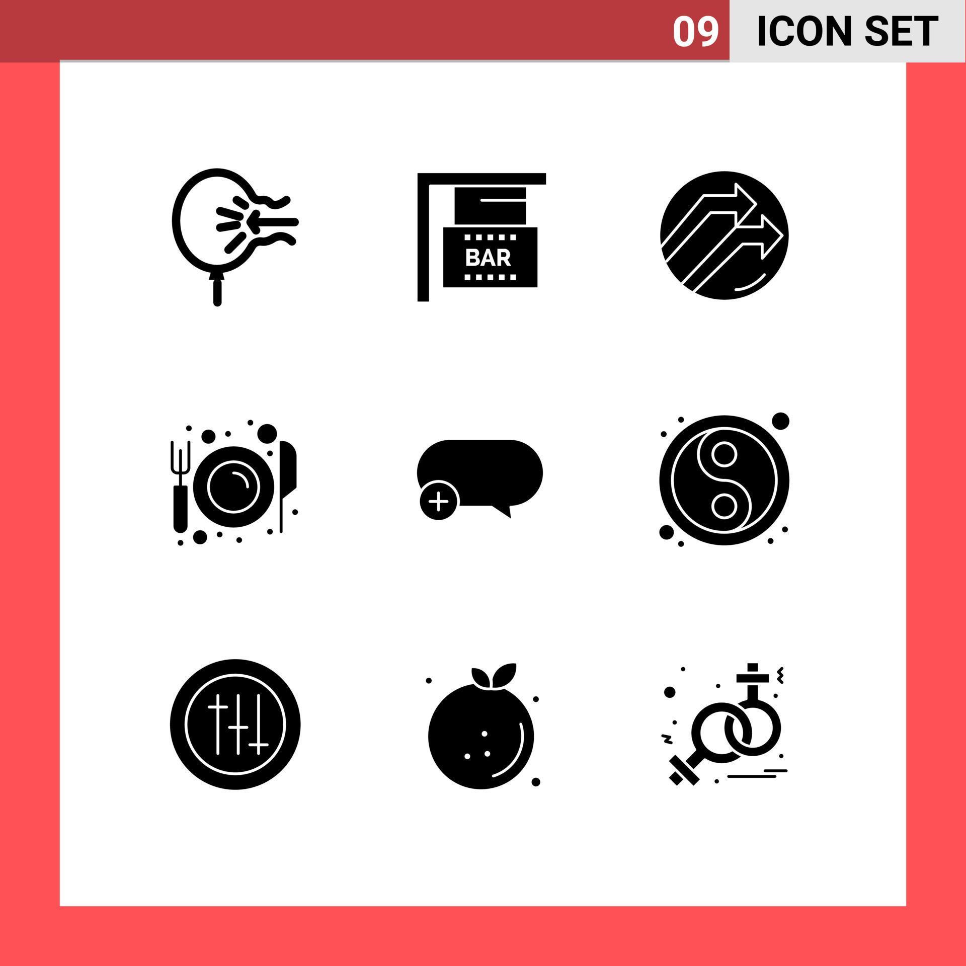 Mobile Interface Solid Glyph Set of 9 Pictograms of chat plate arrow food dining Editable Vector Design Elements Stock Free