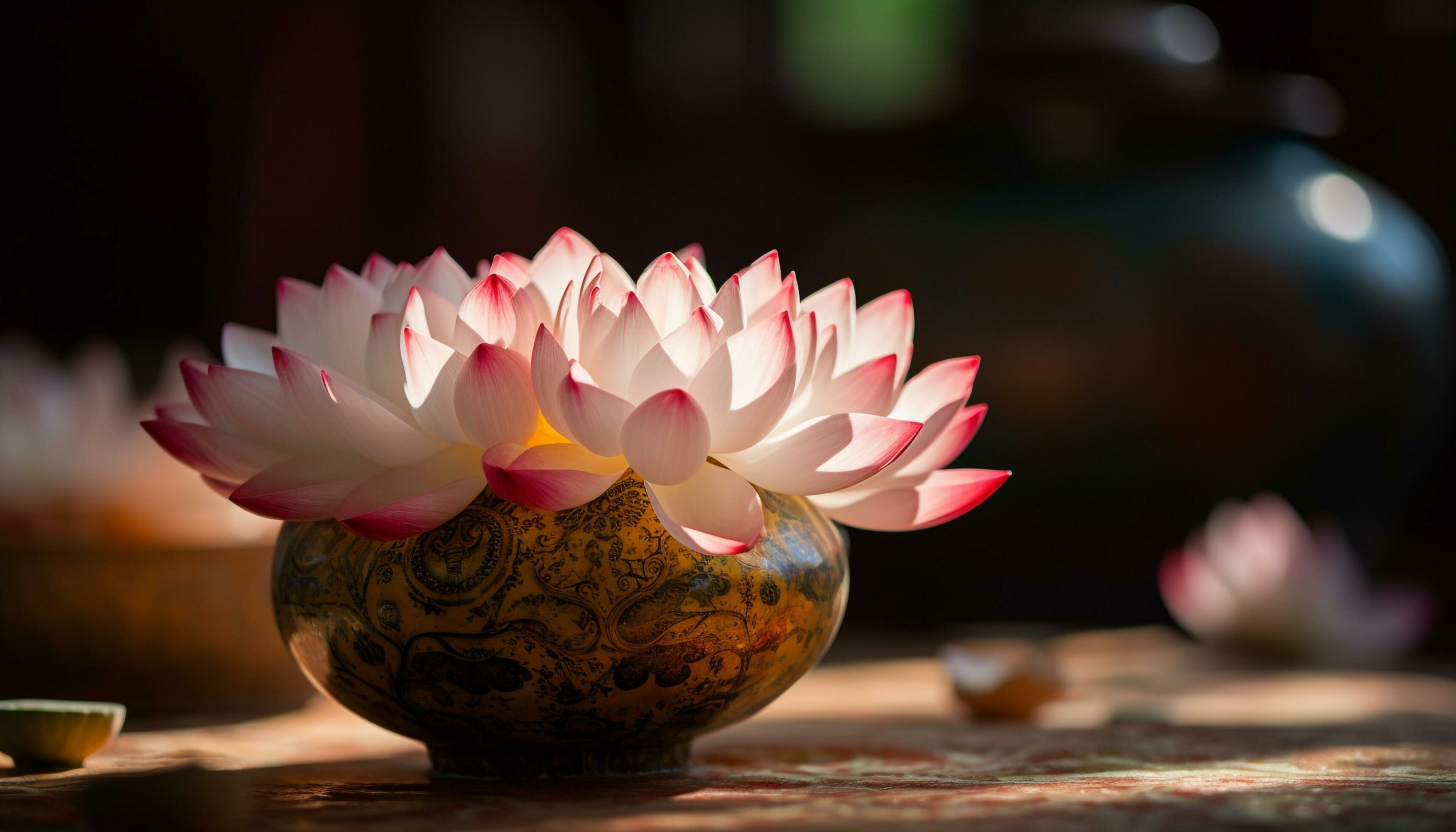 Pink lotus blossom in ornate flower pot generated by AI Stock Free