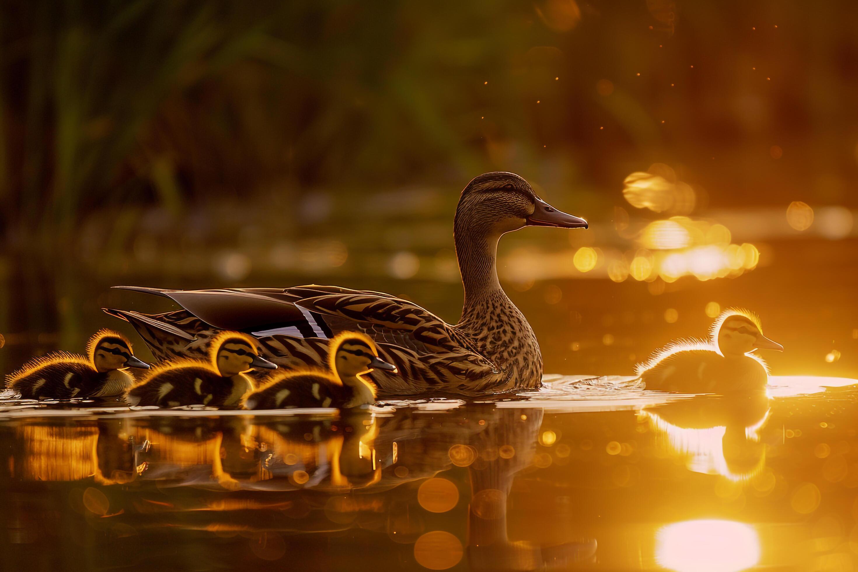 family of ducks swimming peacefully in a tranquil pond nature background Stock Free