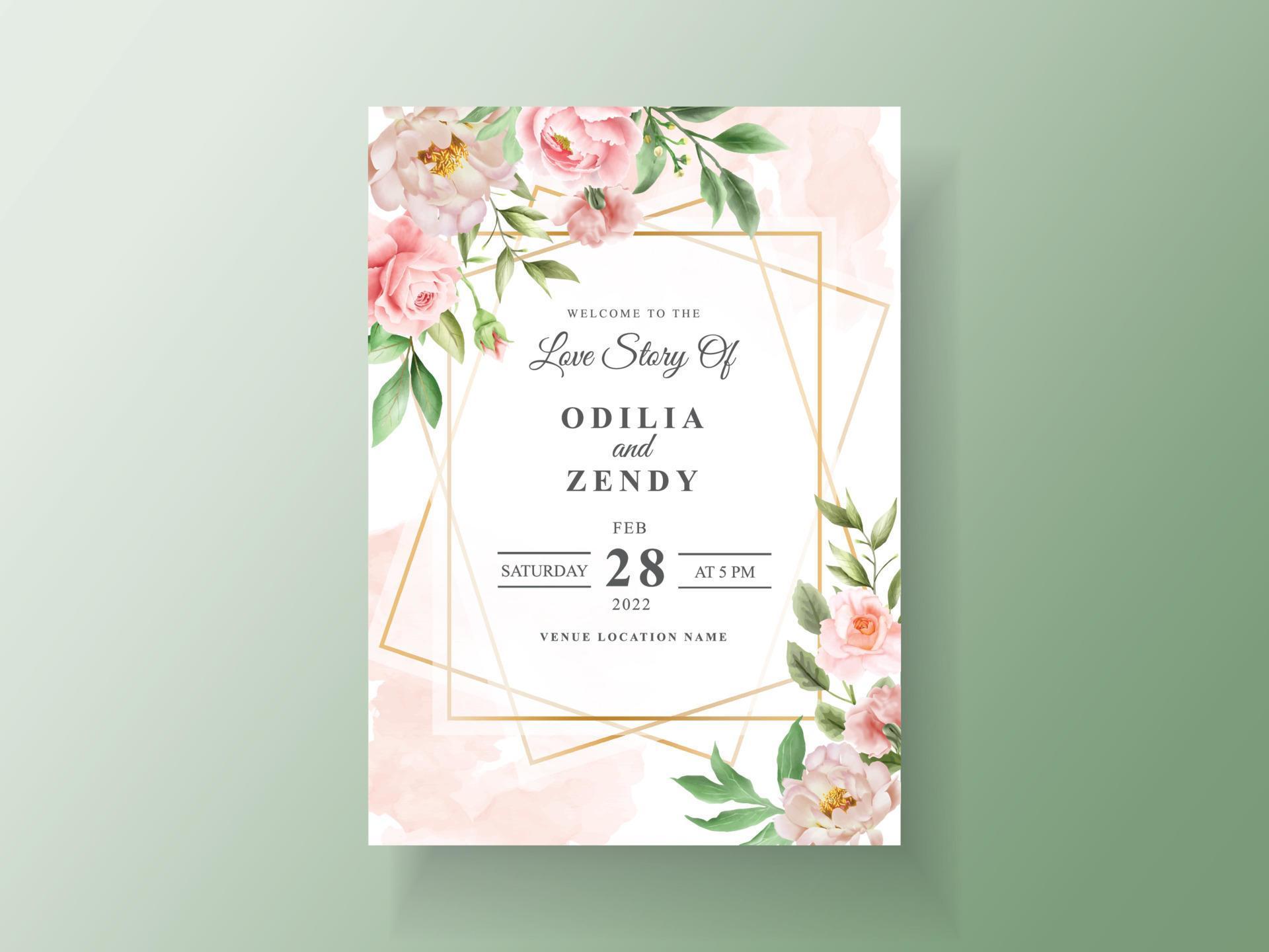 Wedding invitation card template with elegant flowers and leaves watercolor Stock Free