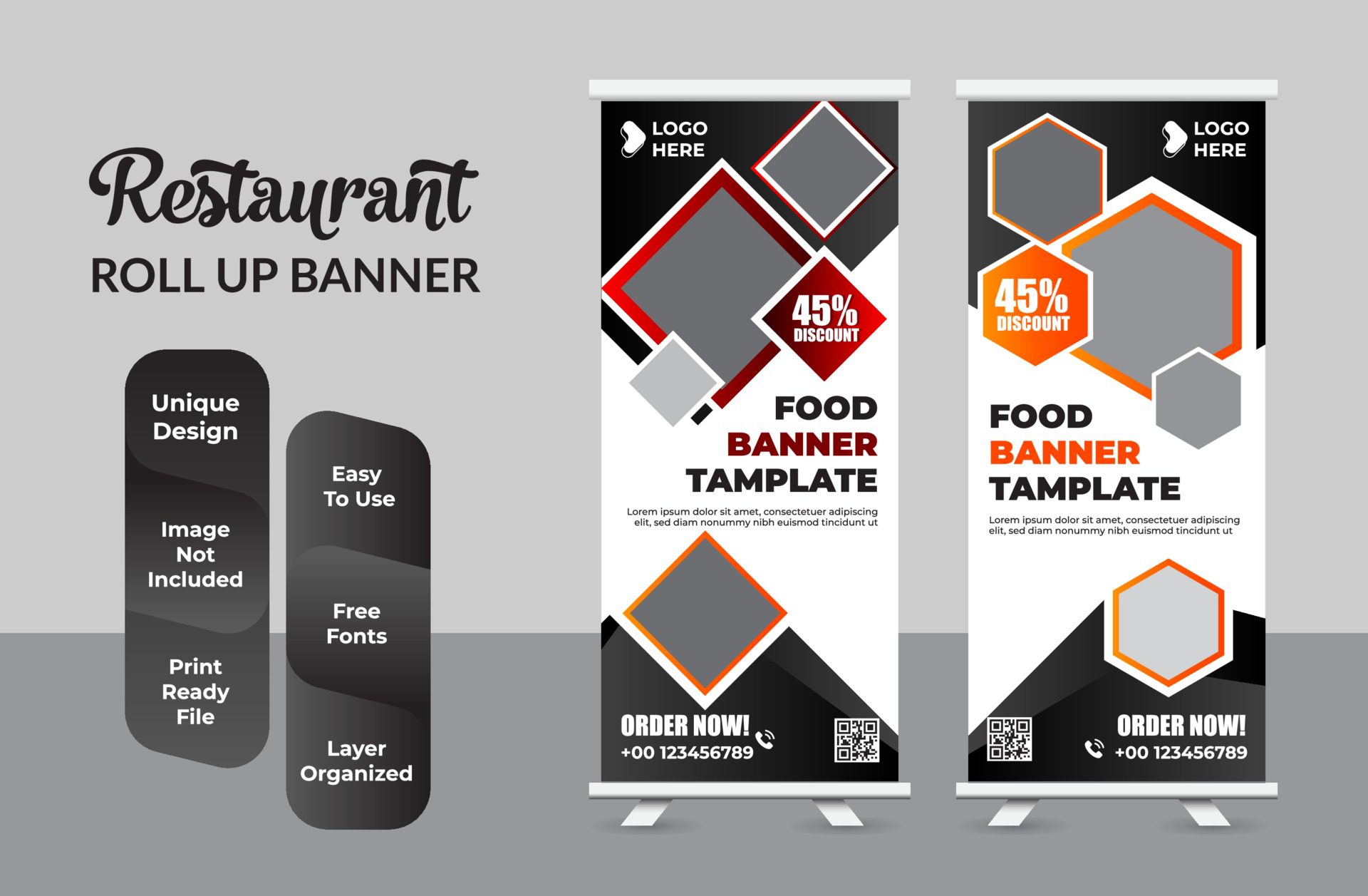 Modern food roll up banner design template set Free Vector