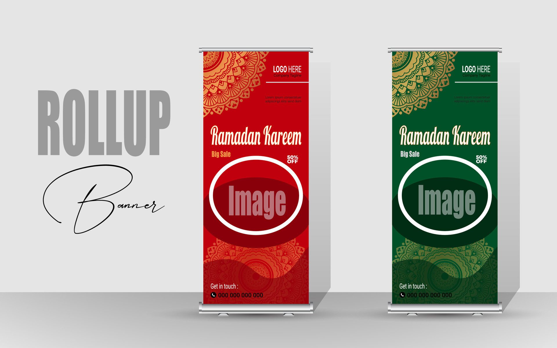 Roll up banner with a happy Ramadan design. unique meal banner for Ramadan. Rollup template for food menus. Free Vector