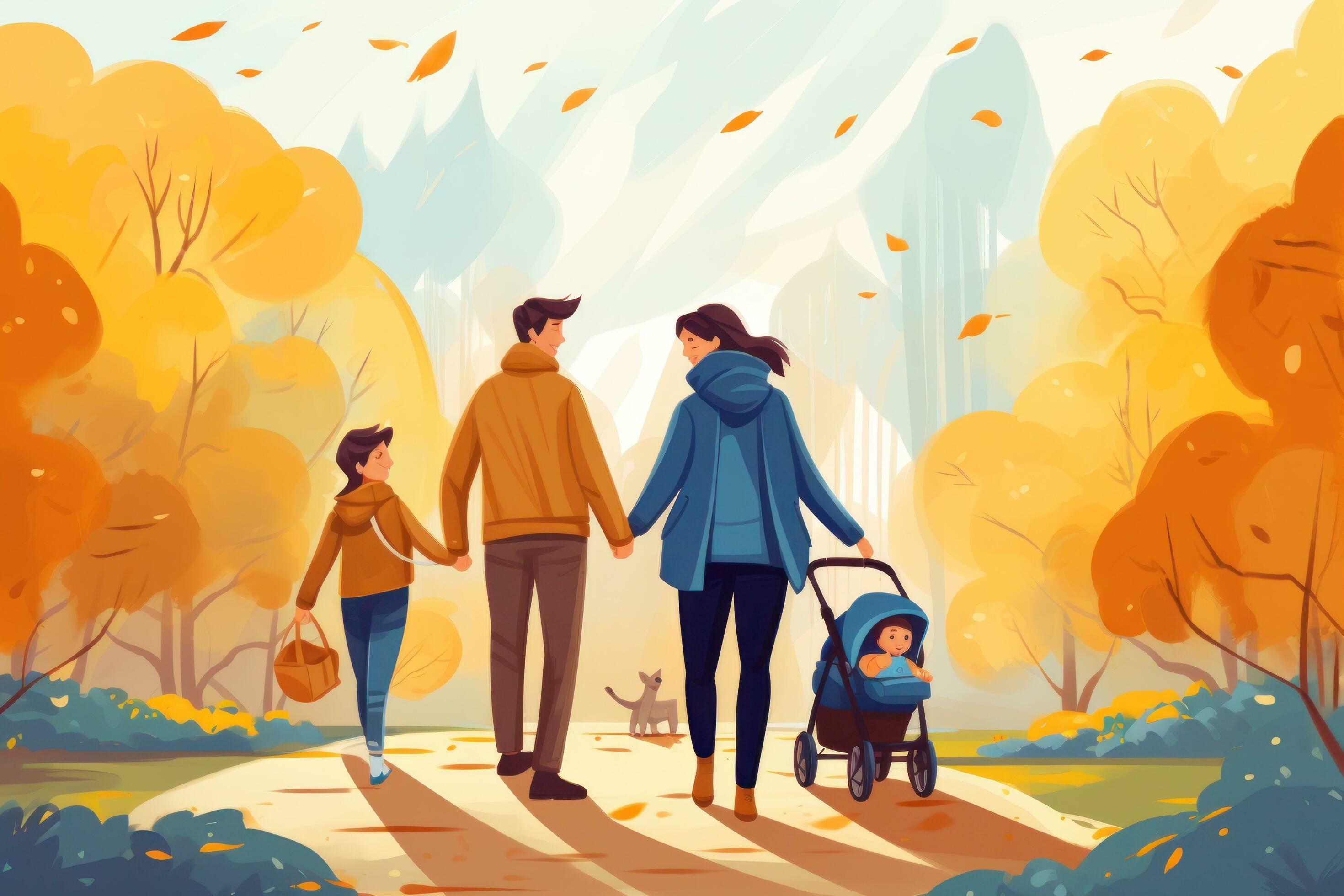 Illustration of happy family in park in Autumn Stock Free