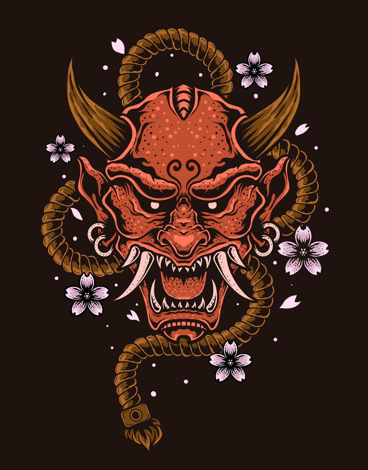 Illustration vector hannya mask, Japanese demon oni mask with ropes and sakura flower Stock Free