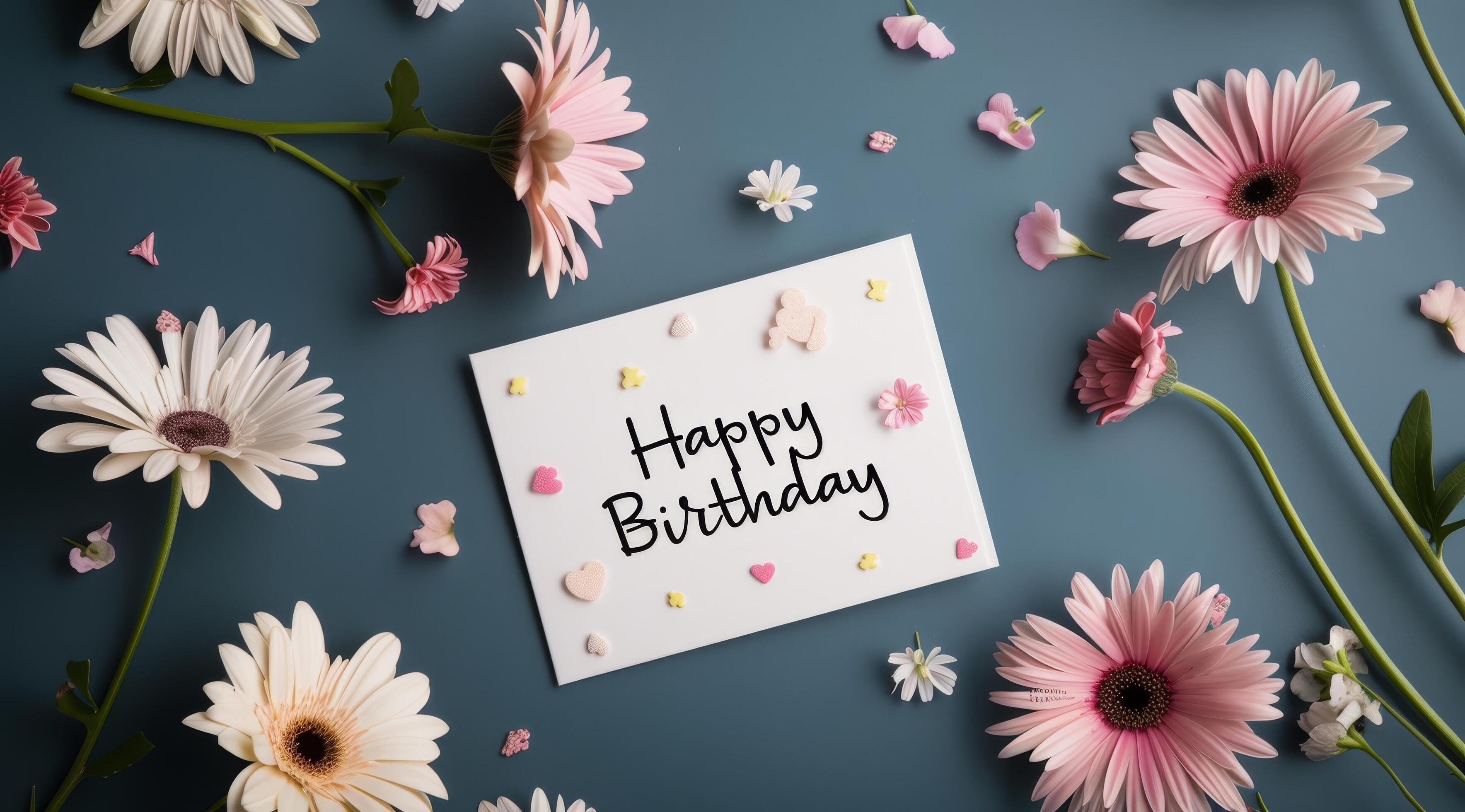 Happy Birthday Card Surrounded by Colorful Flowers on a Blue Background Stock Free