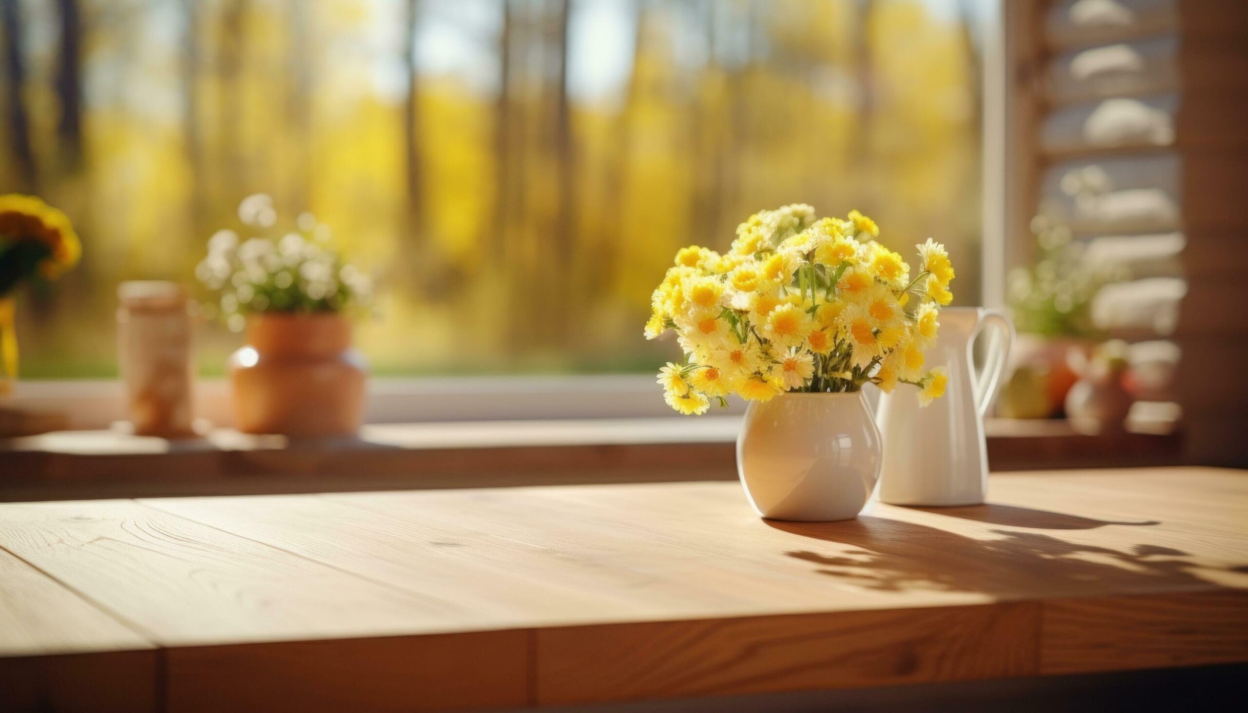 wooden table in front of wood kitchen with green vase Free Photo