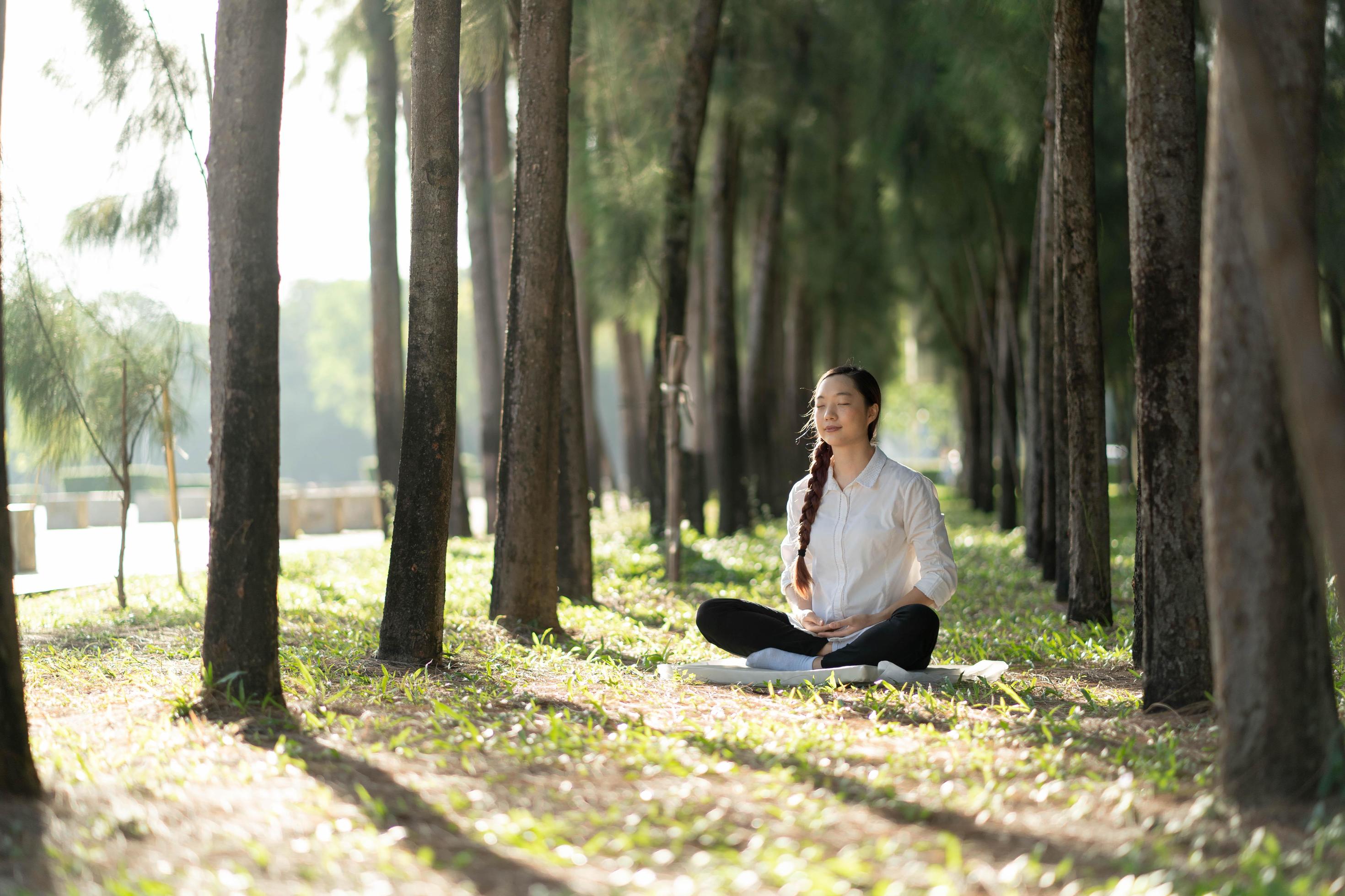 Young Asian woman practicing meditate at the Green park , Healthy lifestyle Concept. Stock Free