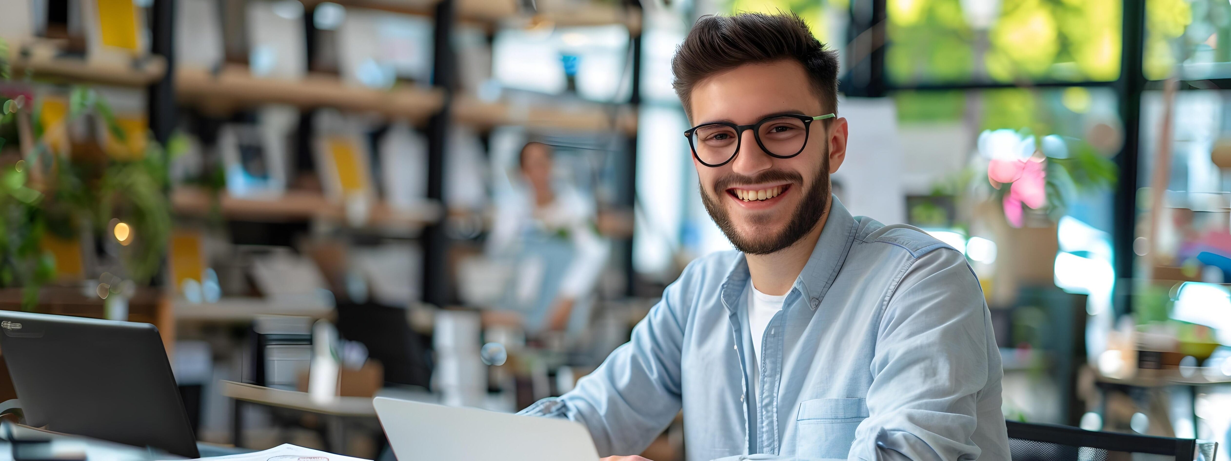 Cheerful Young Professional Collaborating on Computer in Cozy Workspace Stock Free