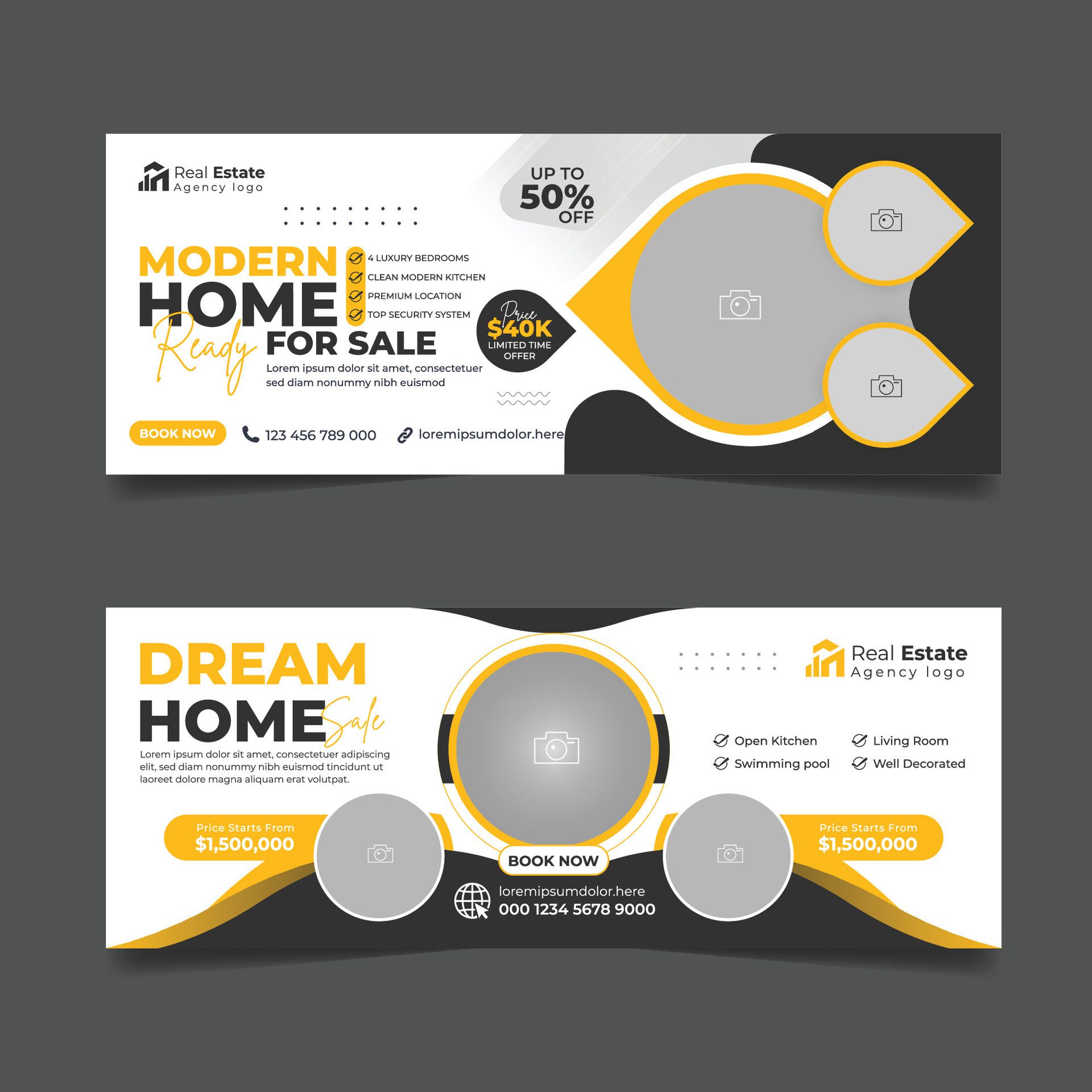 Real estate business agency cover page banner design, House property sale advertising horizontal template. Free Vector